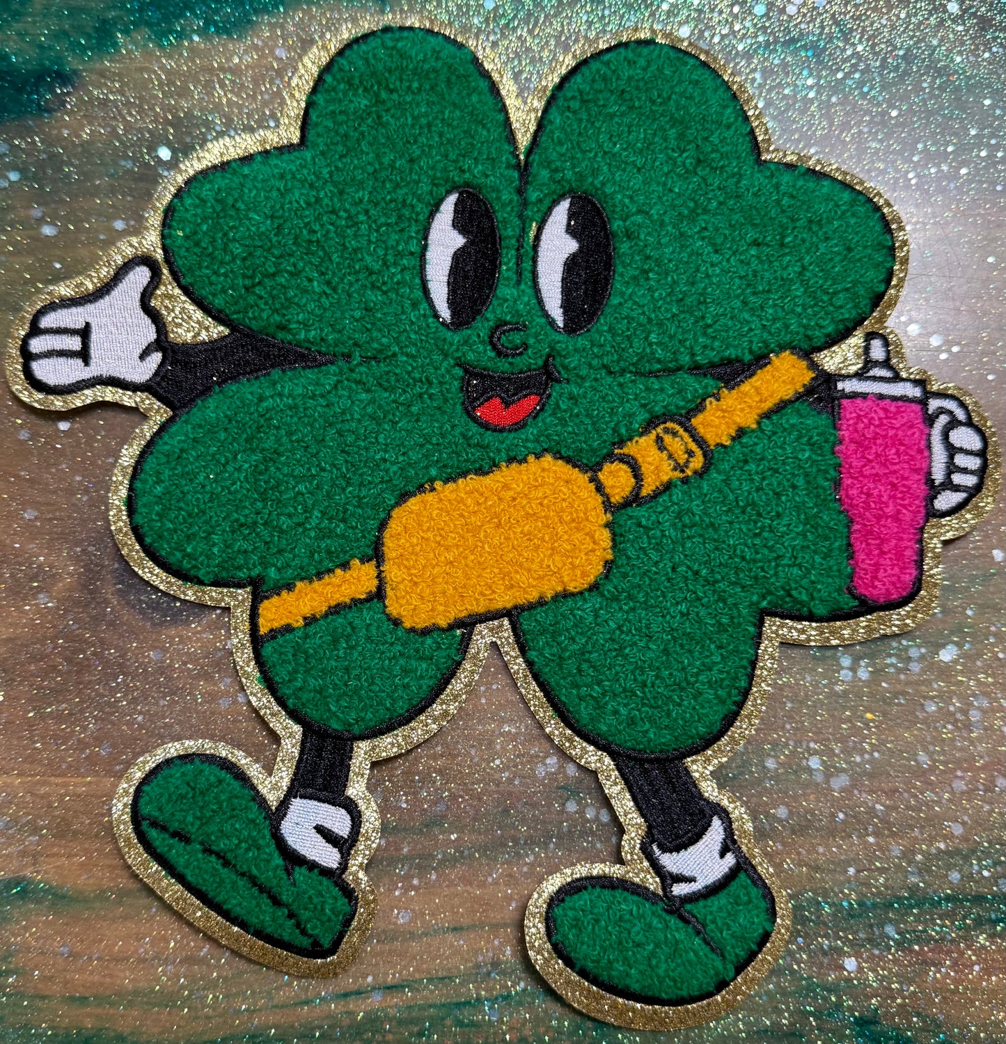 4 Leaf Clover with Tumbler - Chenille/Sequins Iron On Patch