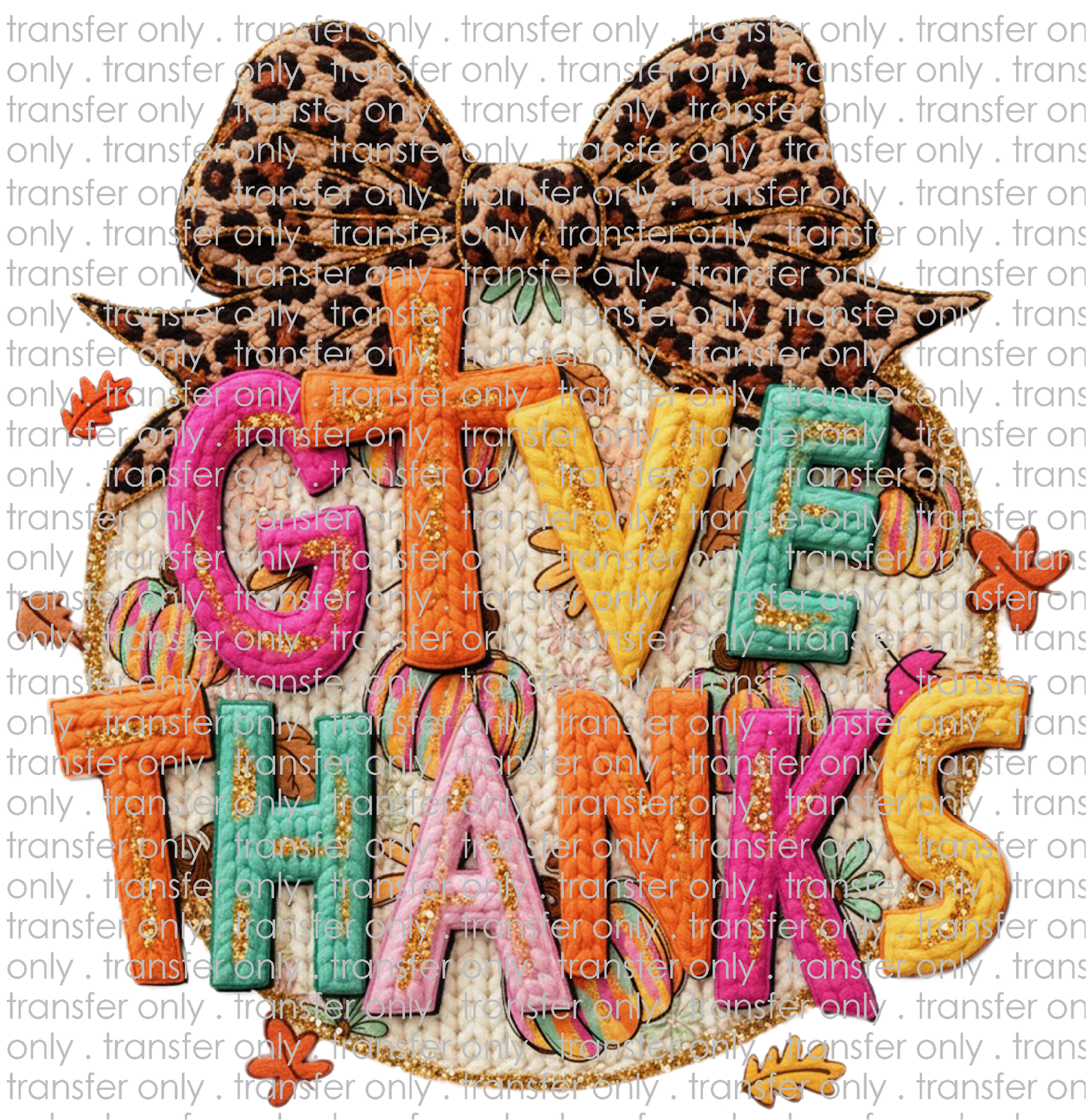 FALL 647 Faux Crochet Leopard Bow Pumpkin Give Thanks