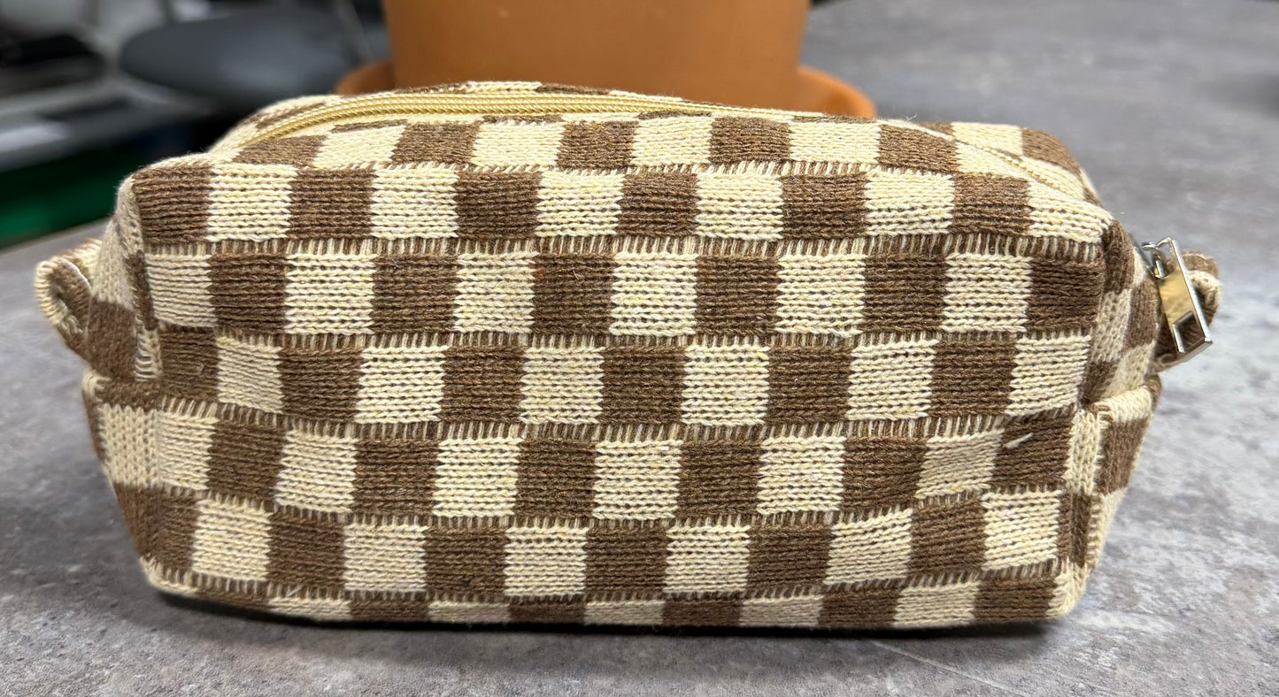 Small Tan Checkered Make-up Bag