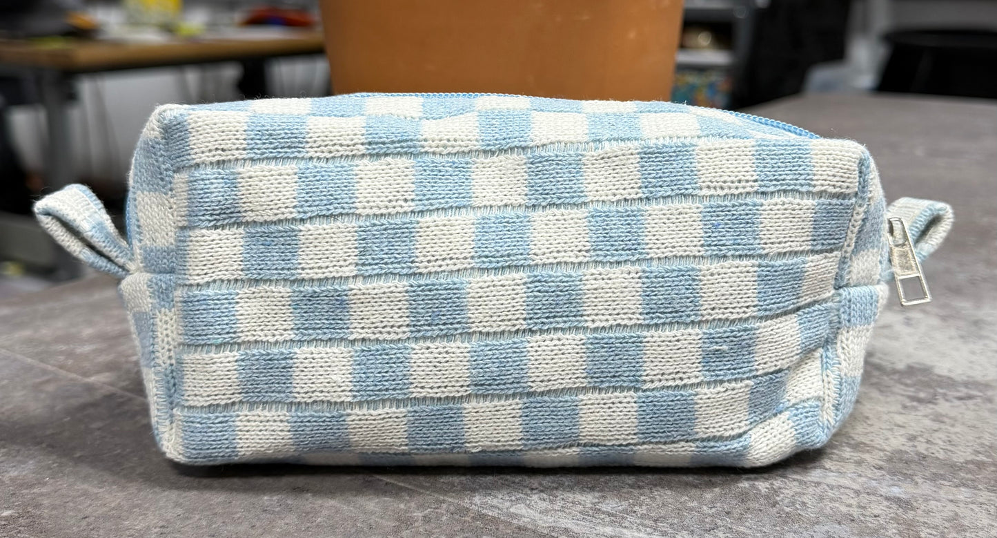 Small Light Blue Checkered Make-up Bag