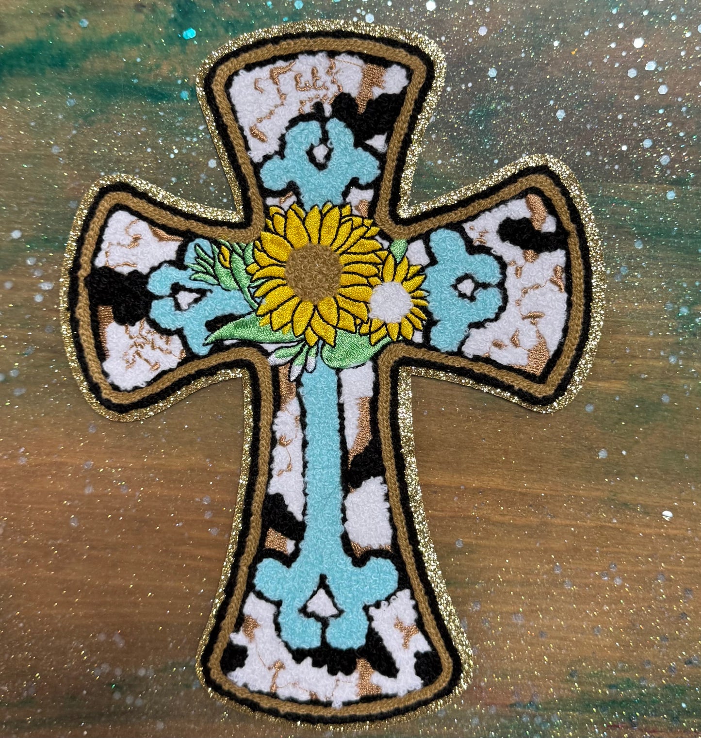 White and Turquoise Cross with Sunflowers- Chenille/Sequins Iron On Patch