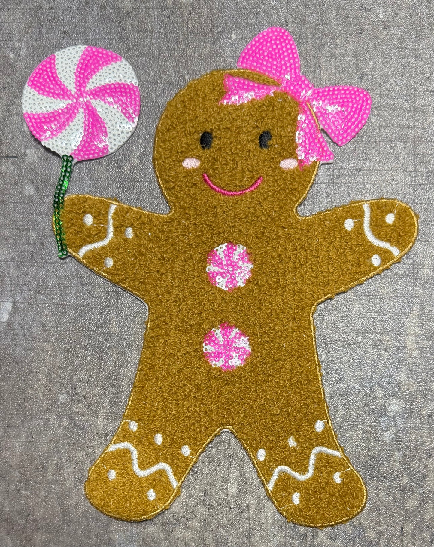 Gingerbread Girl With Sucker - Chenille/Sequins Iron On Patch