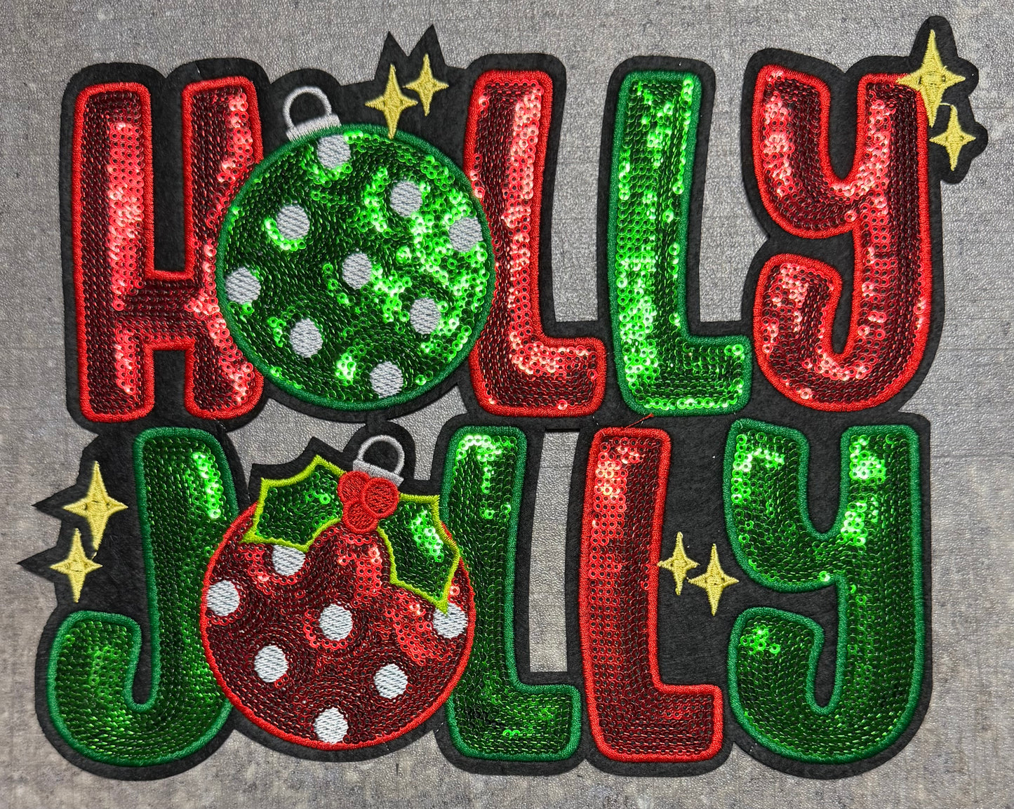 Holly Jolly Red Green Ornament- Chenille/Sequins Iron On Patch