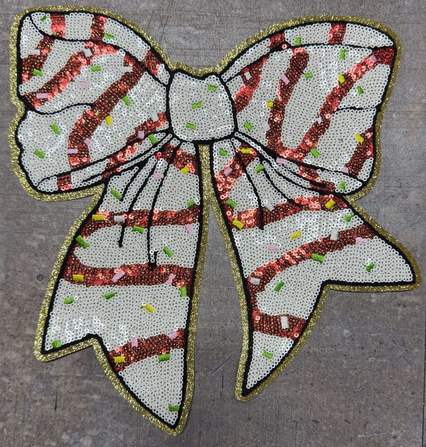Christmas Tree Cake Bow- Chenille/Sequins Iron On Patch