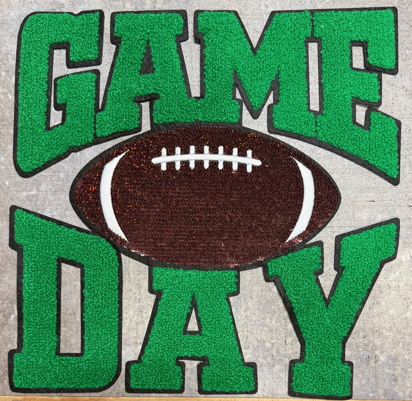 Green Game Day Football- Chenille/Sequins Iron On Patch