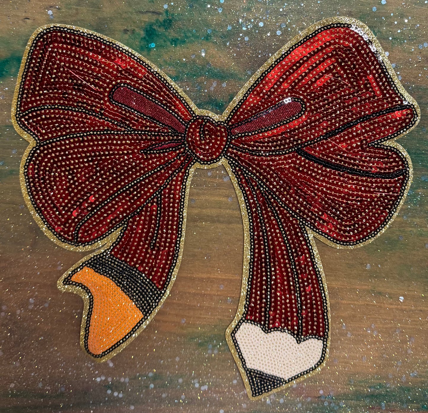 Teacher Pencil Bow - Chenille/Sequins Iron On Patch