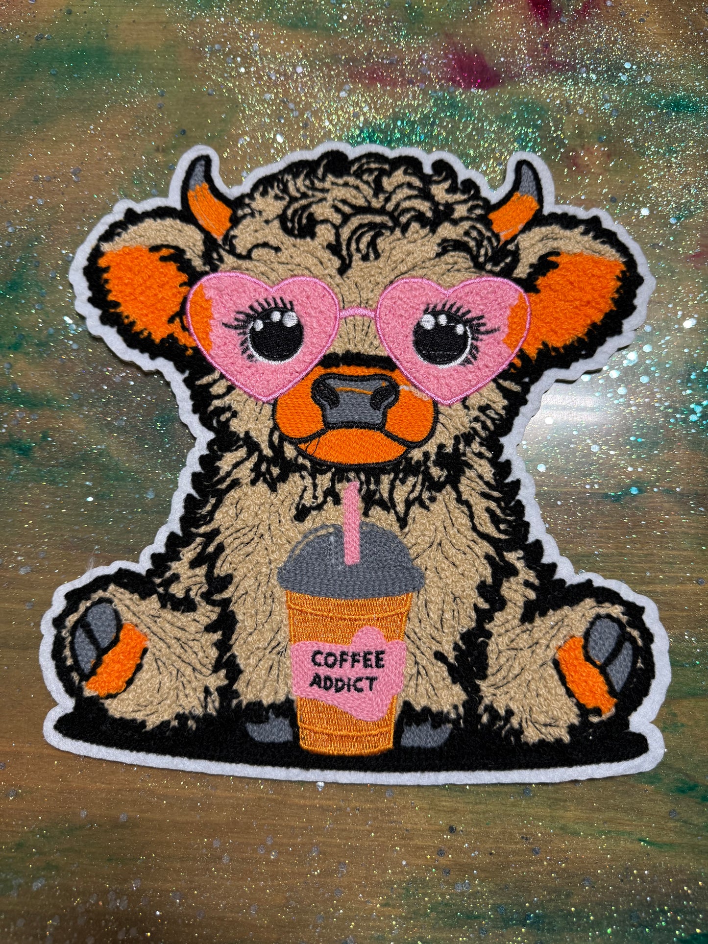 Coffee Highland Cow - Chenille/Sequins Iron On Patch