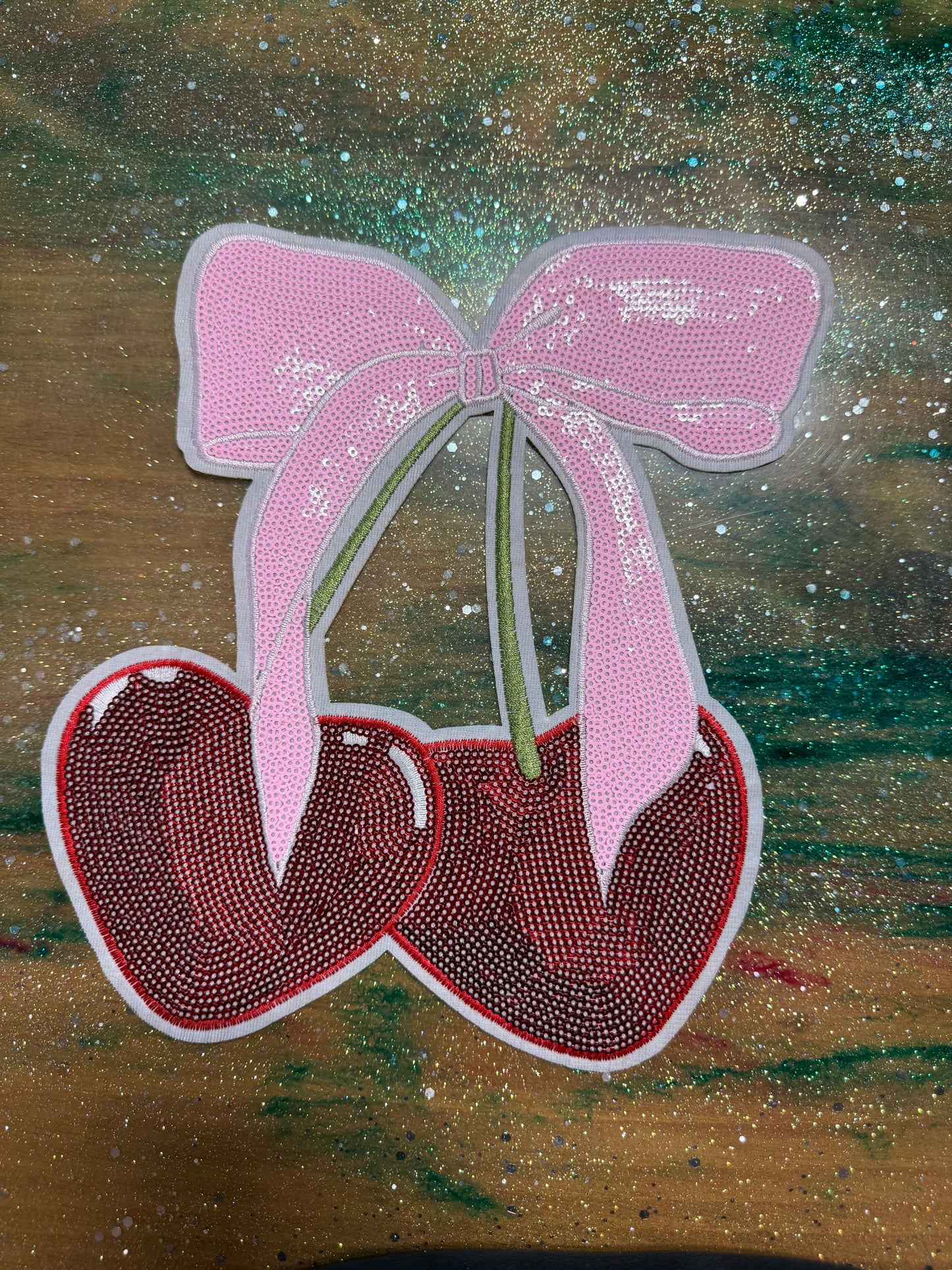 Cherries with Pink Bow - Chenille/Sequins Iron On Patch