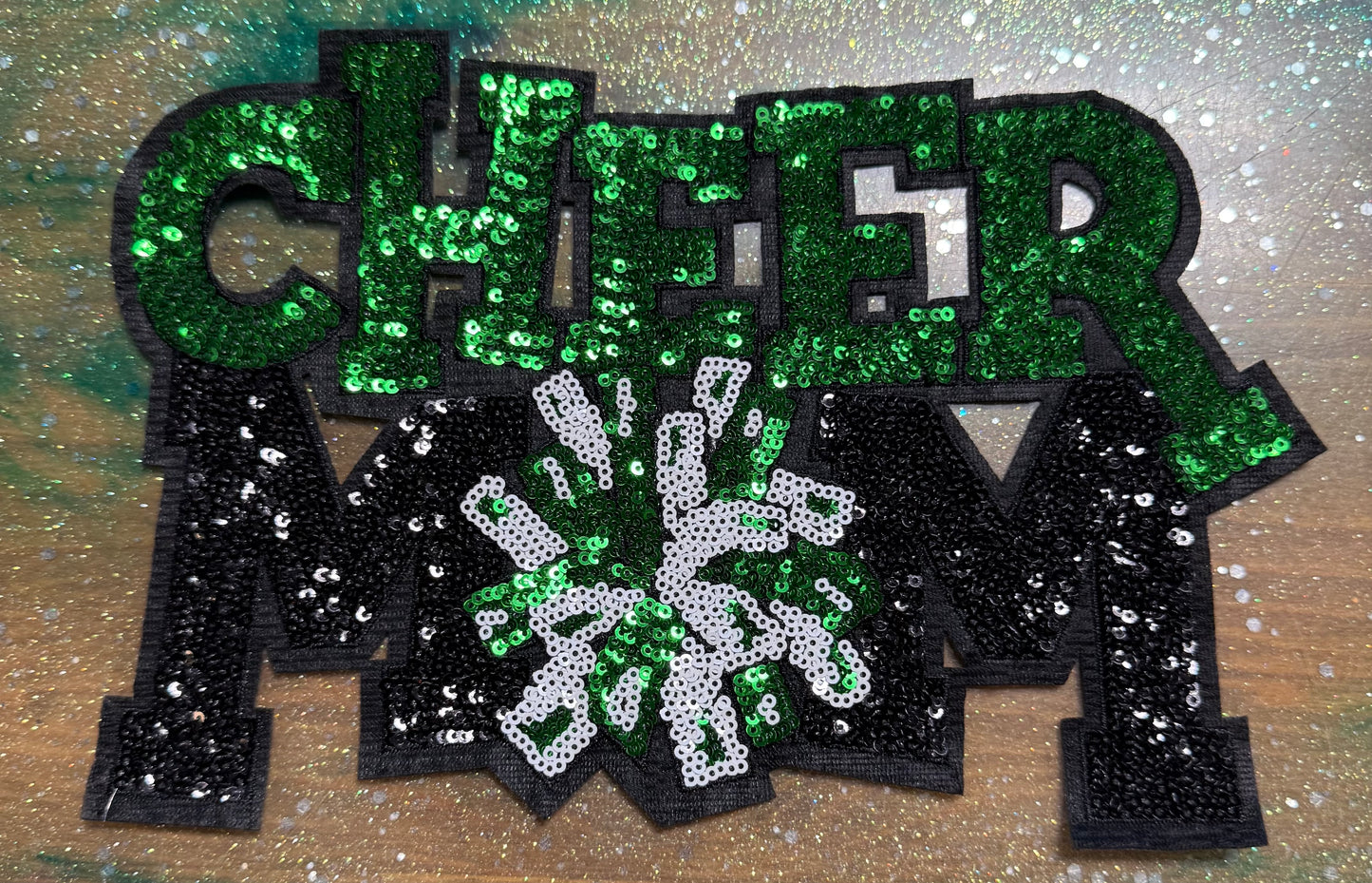 Cheer Mom Green - Chenille/Sequins Iron On Patch