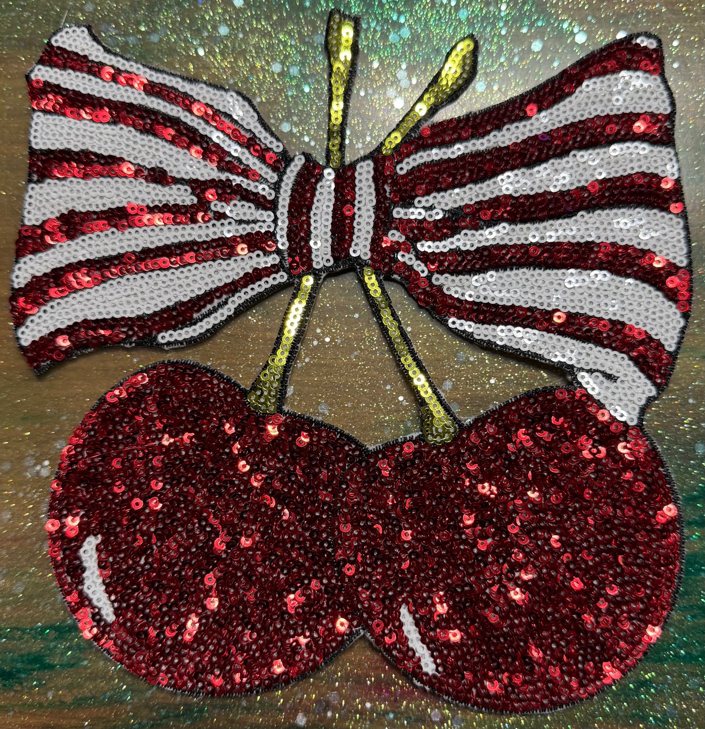 Cherries with Stripe Sequins Bow - Chenille/Sequins Iron On Patch