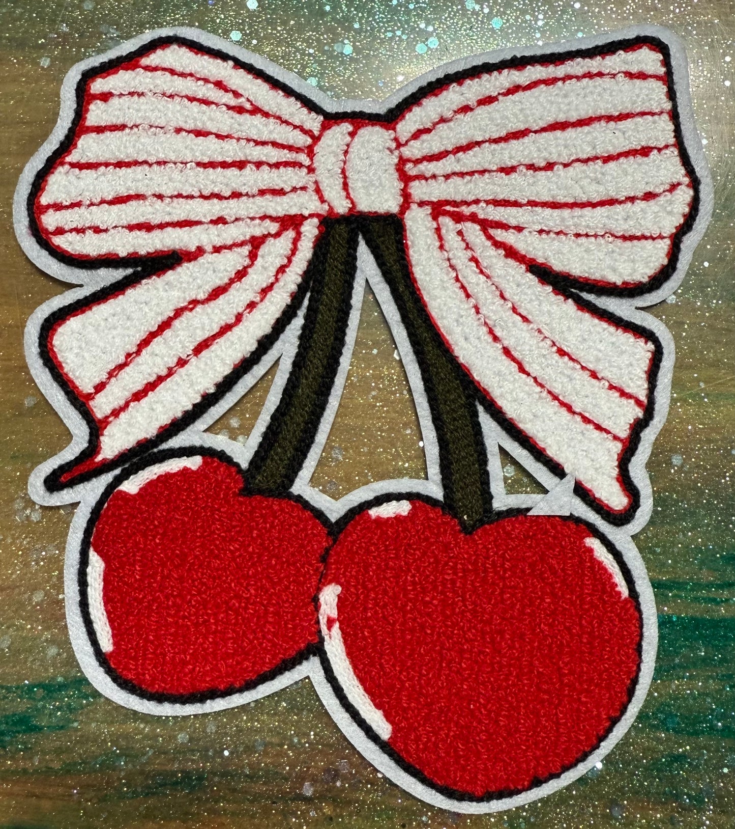 Cherries with Red Stripe Bow - Chenille/Sequins Iron On Patch