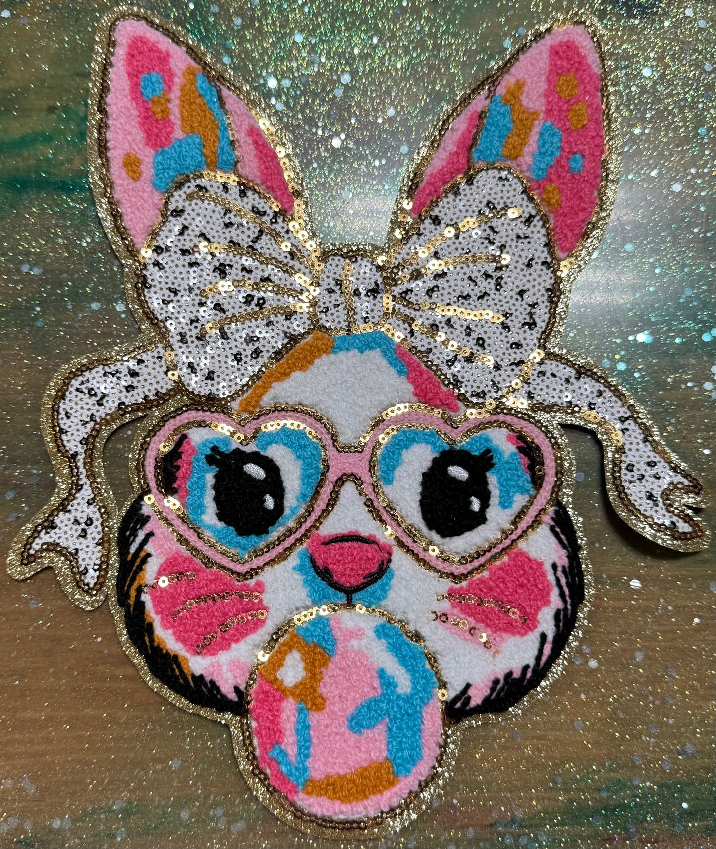 Multicolor Bunny with Glasses and Bubble - Chenille/Sequins Iron On Patch
