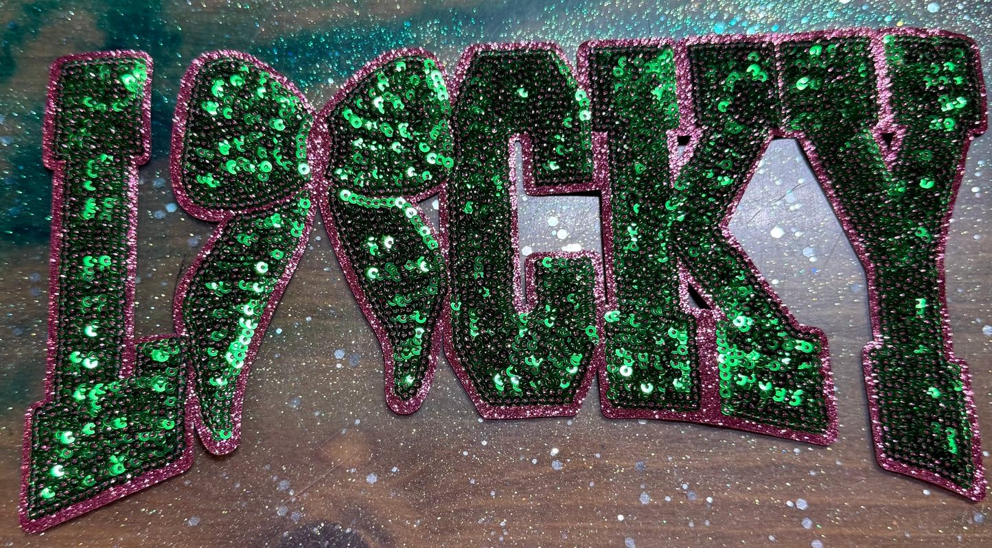 Lucky with Bow - Chenille/Sequins Iron On Patch