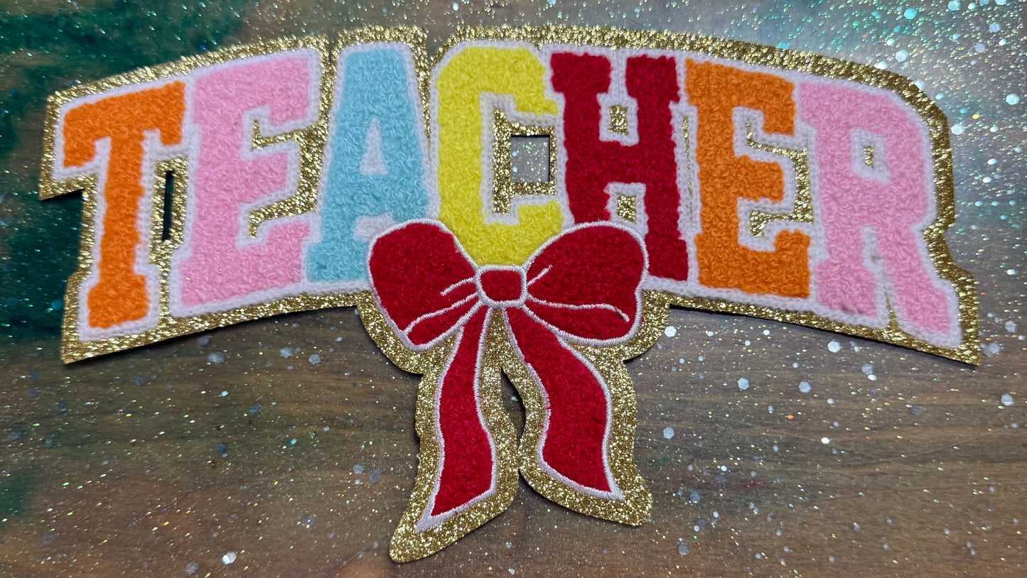 Bright Teacher Bow - Chenille/Sequins Iron On Patch