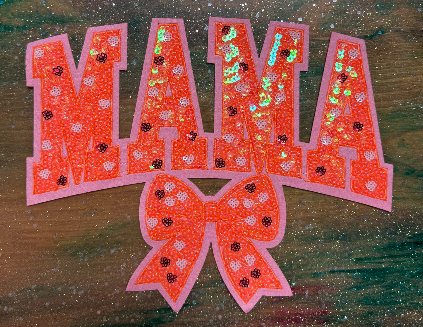 Mama Orange Sequins - Chenille/Sequins Iron On Patch