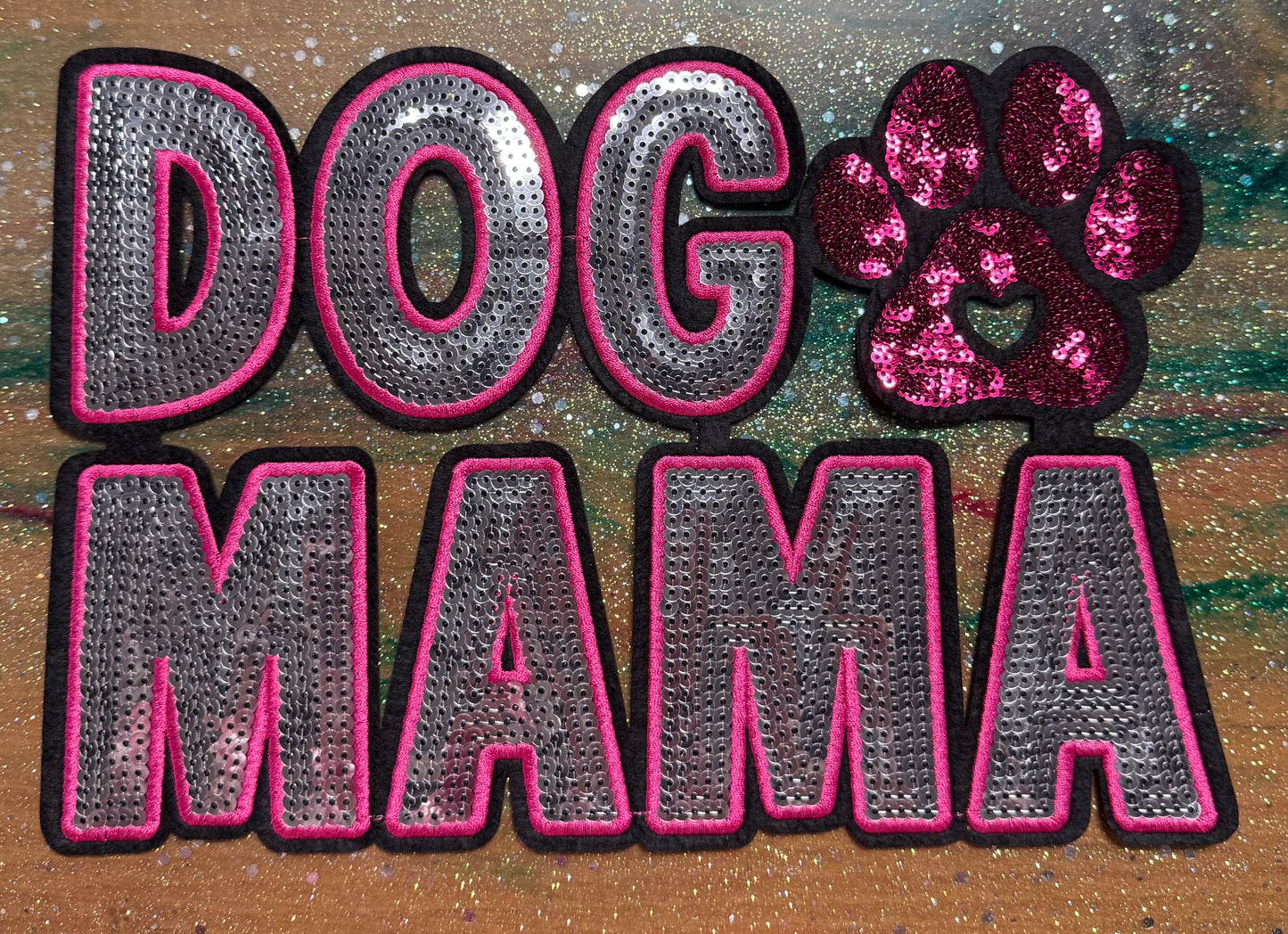 Dog Mom Silver and Pink Sequins - Chenille/Sequins Iron On Patch