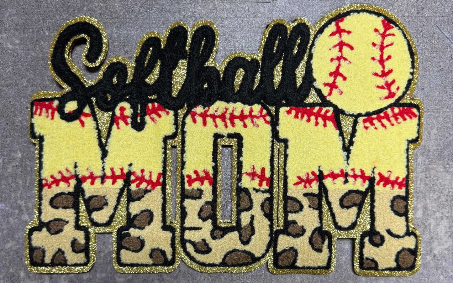 Softball Mom with Leopard - Chenille/Sequins Iron On Patch
