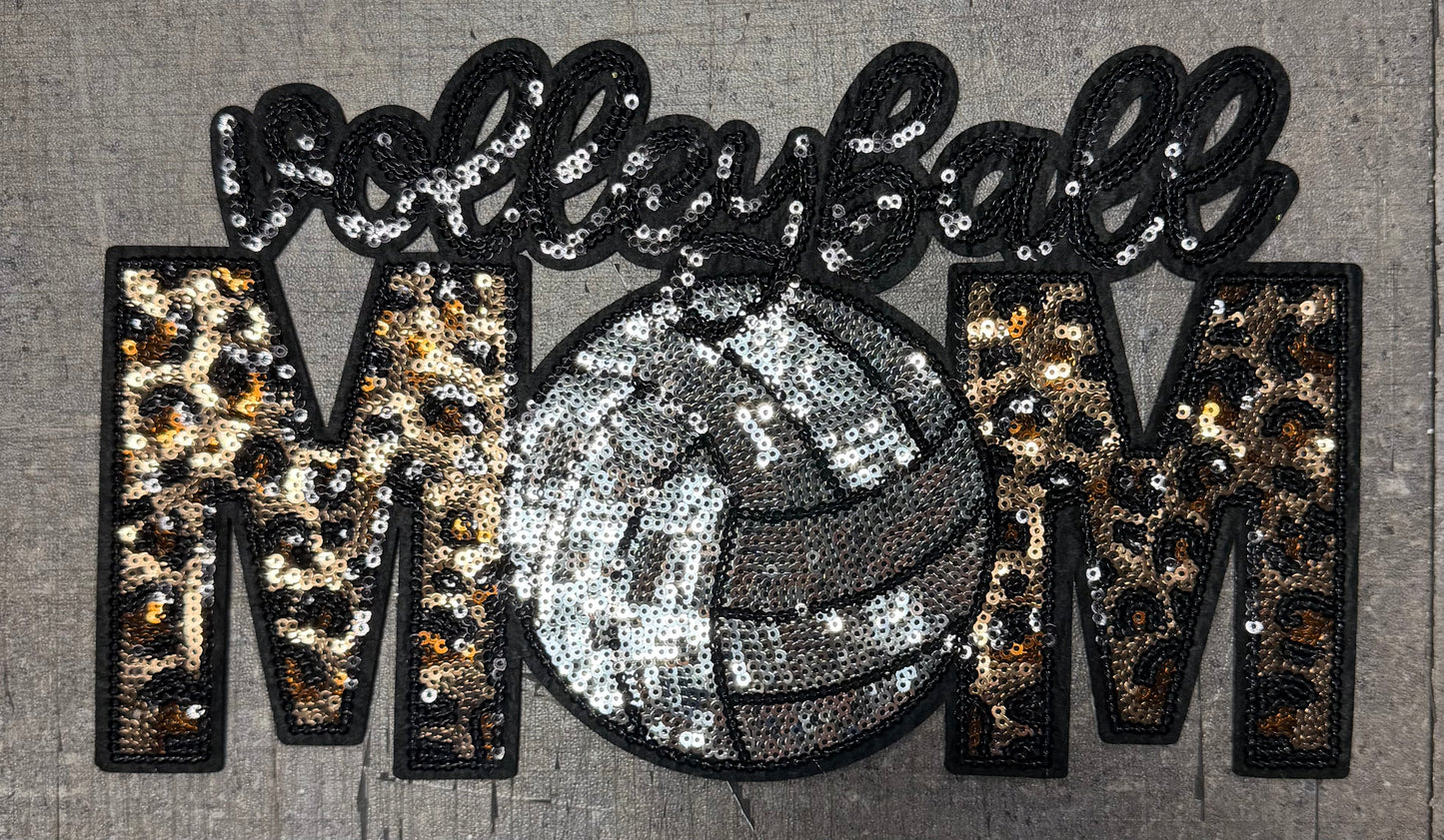 Volleyball Mom Black with Leopard - Chenille/Sequins Iron On Patch