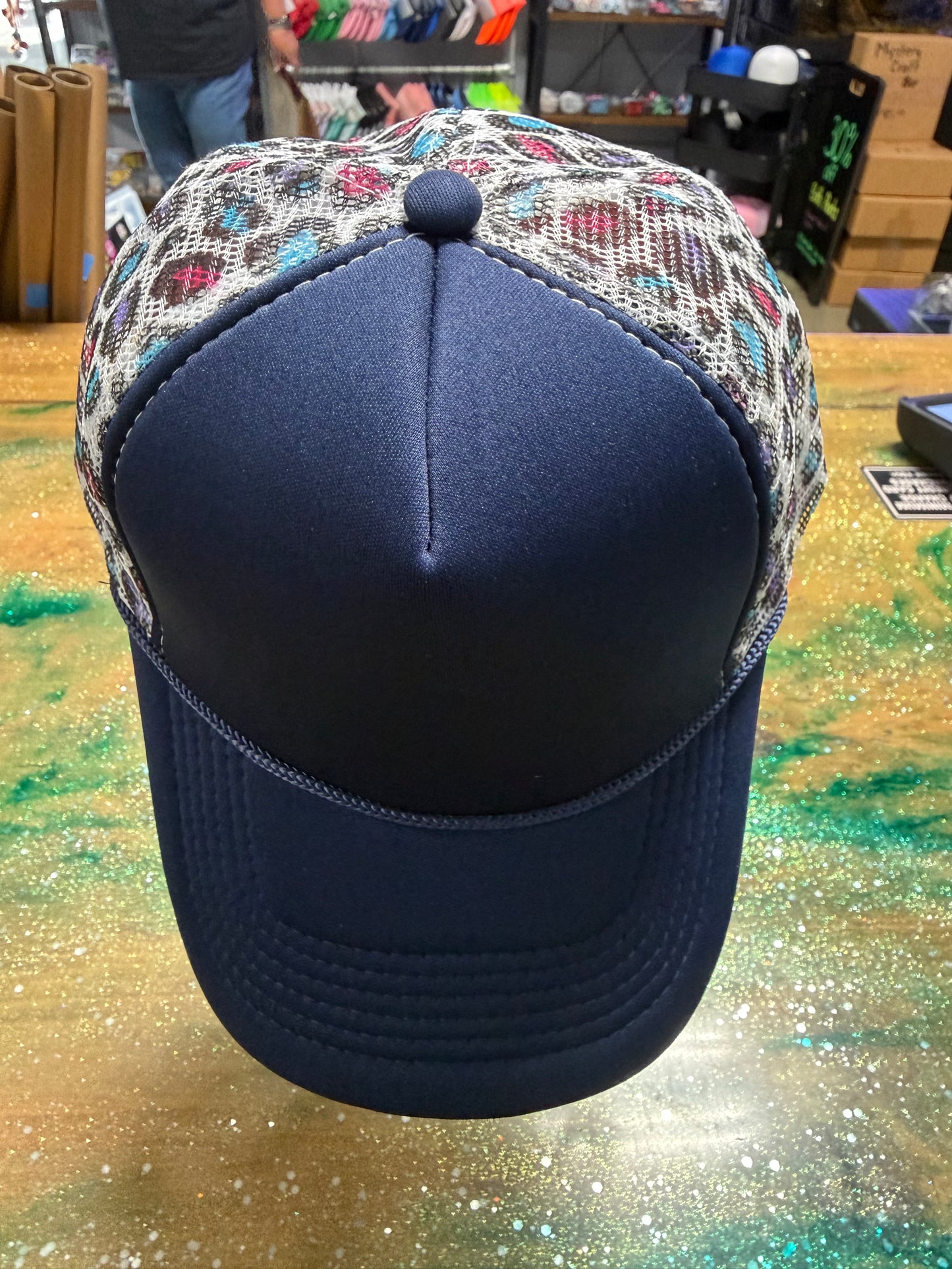 Navy with Leopard Back - Trucker Hat