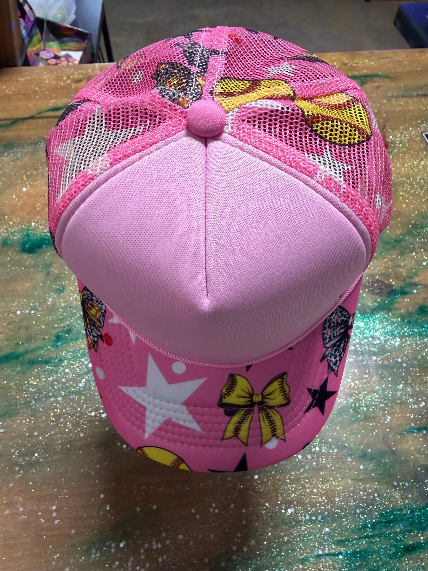 Pink with Softball on Bill and Back - Trucker Hat