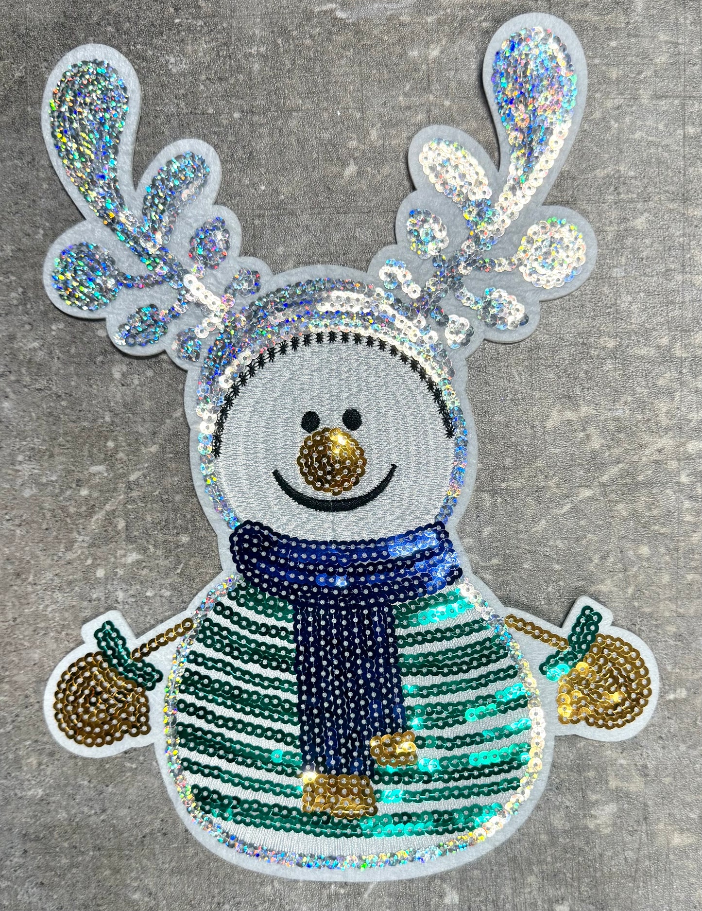 Snowman with Antlers - Chenille/Sequins Iron On Patch