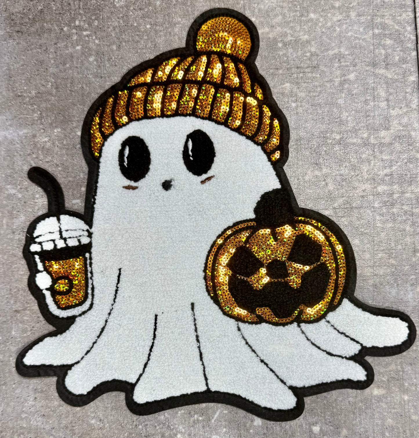 Ghost with Pumpkin, Drink and Hat - Chenille/Sequins Iron On Patch