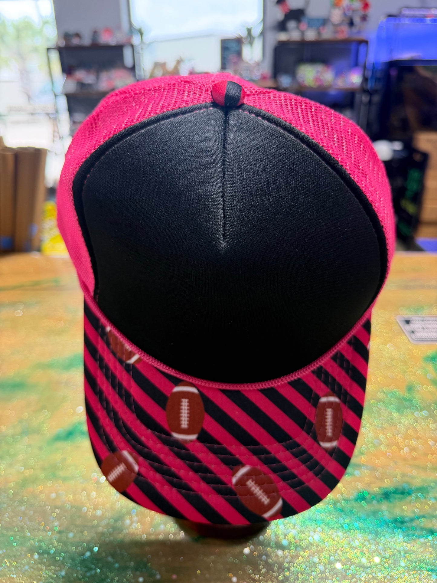 Hot Pink with Football and Strip Bill - Trucker Hat