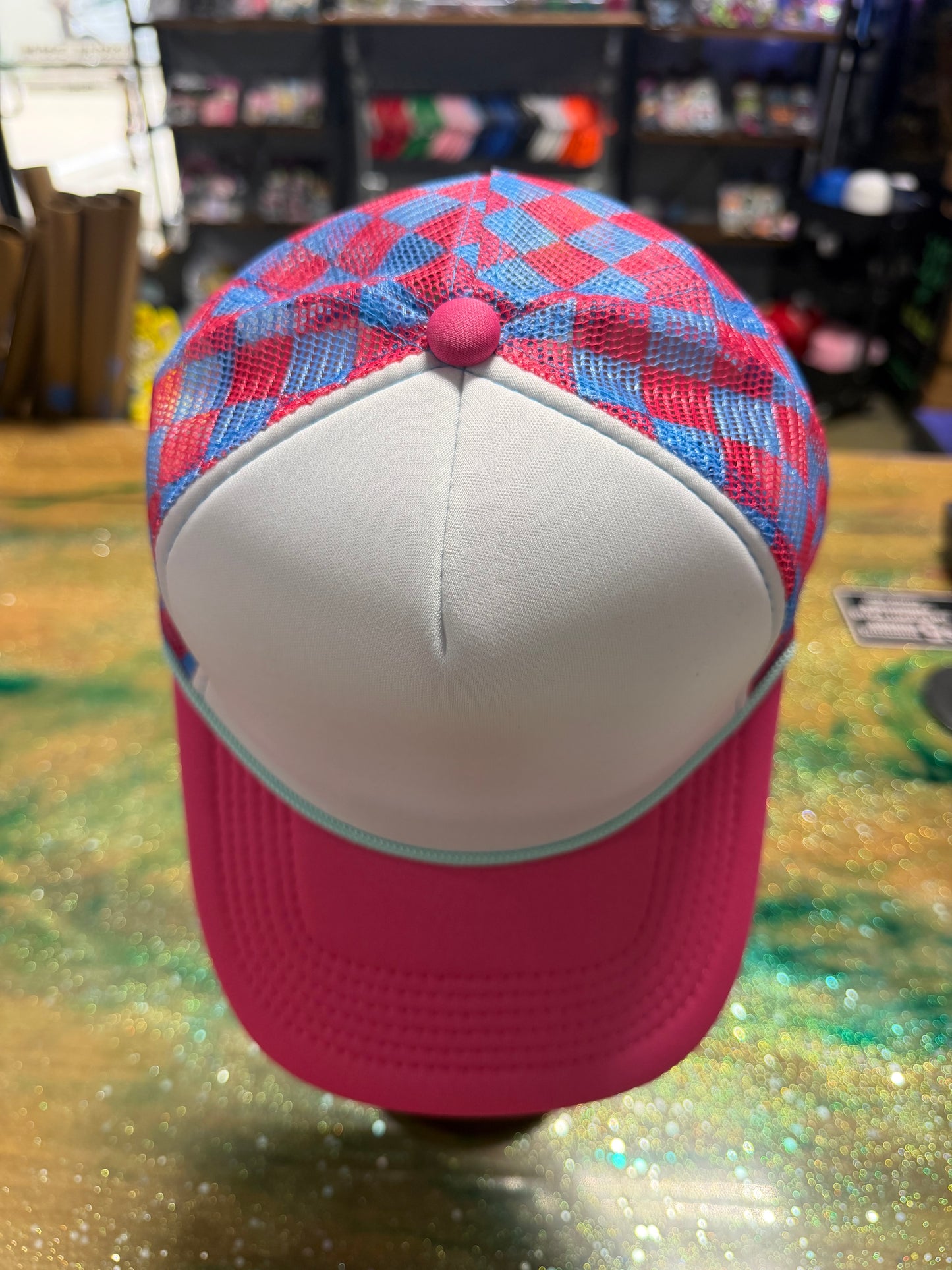 Hot Pink Bill with Blue and Pink Checkered Back - Trucker Hat