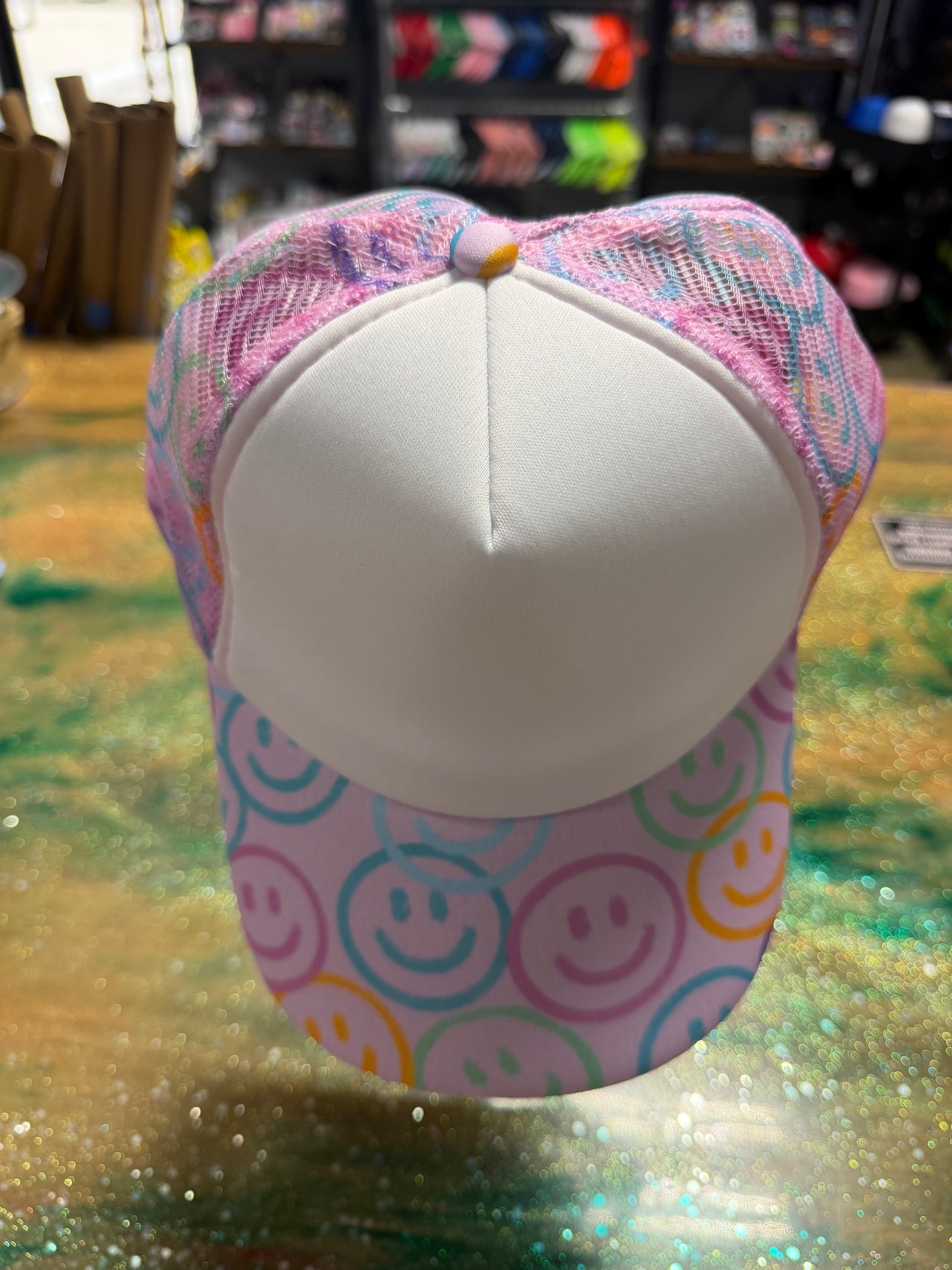 Pink Smiley Face Bill with White Front and Smiley Face Back - Trucker Hat