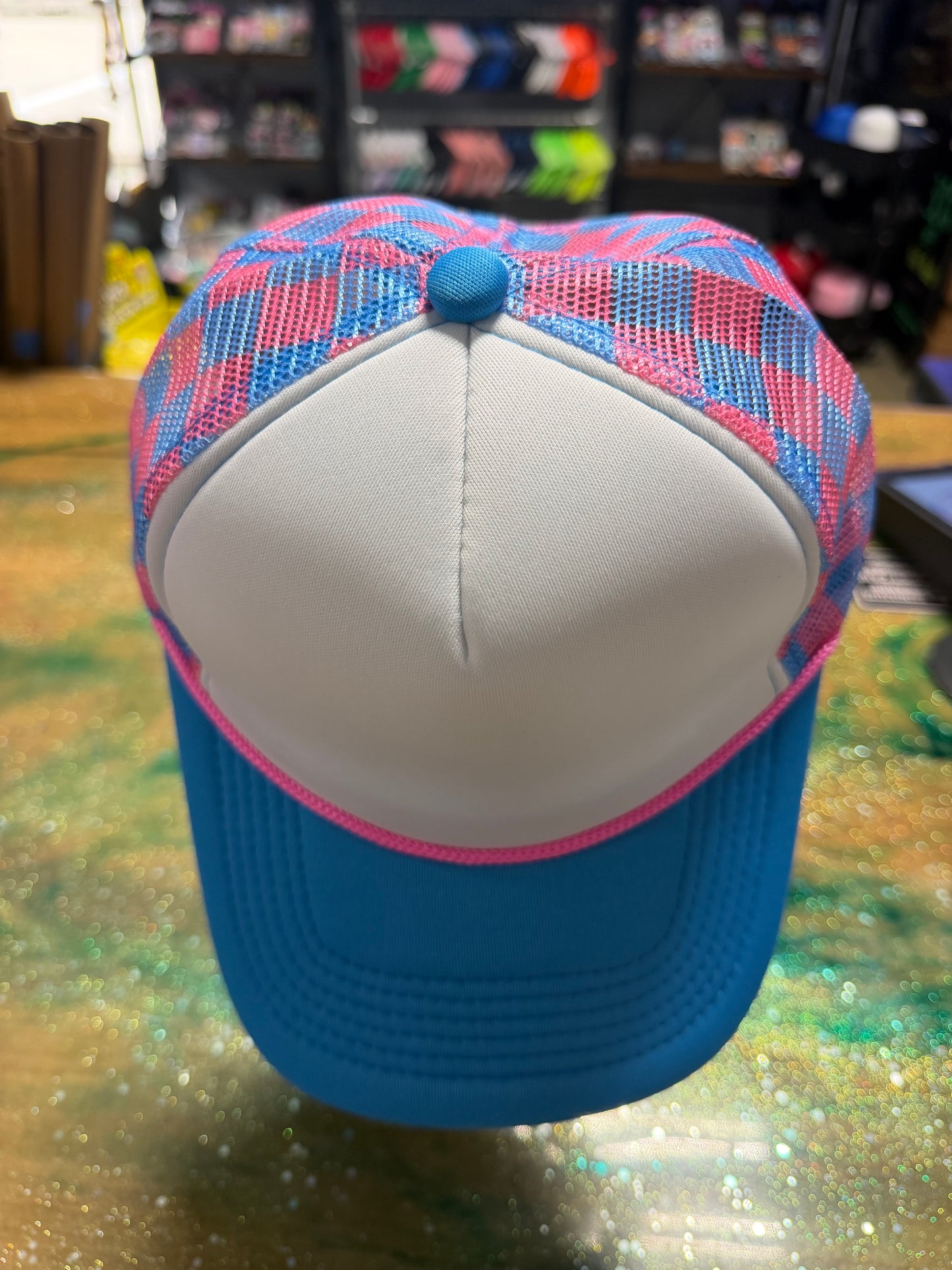 Teal Bill with Teal and Pink Checkered Back - Trucker Hat
