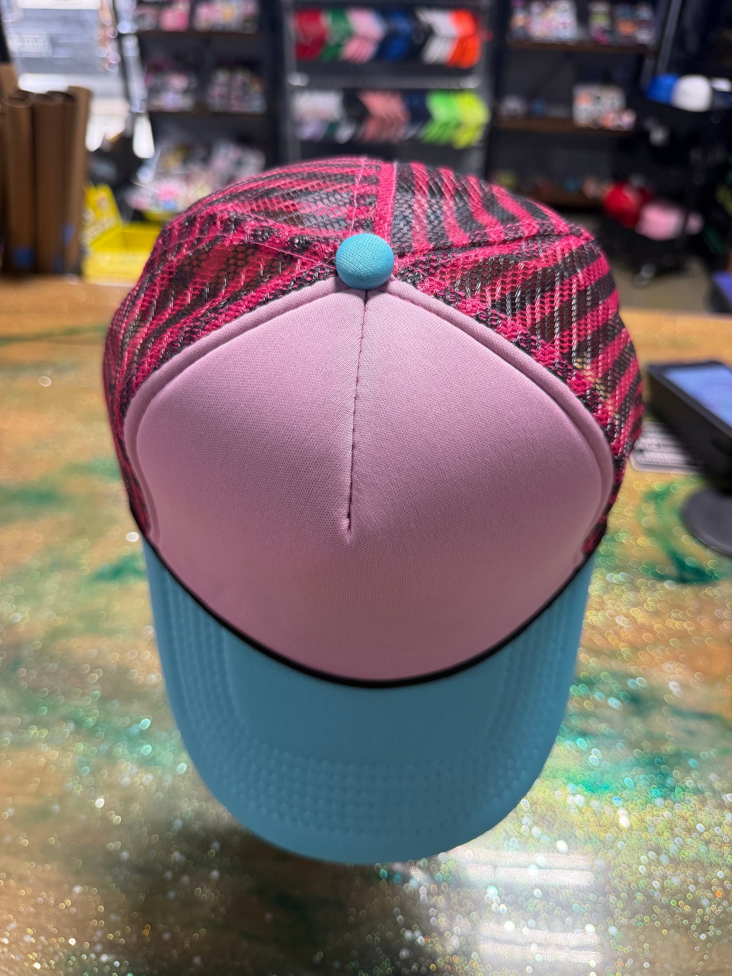 Blue Bill with Pink Front and Stripe Back - Trucker Hat