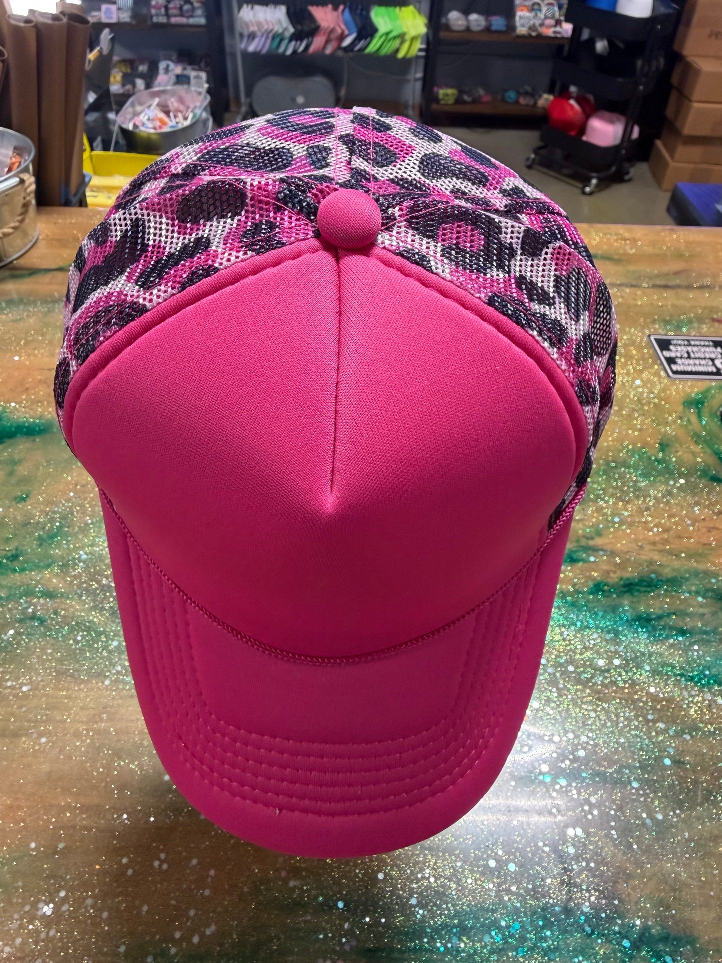 Hot Pink Bill and Front with Black and Pink Leopard Back - Trucker Hat