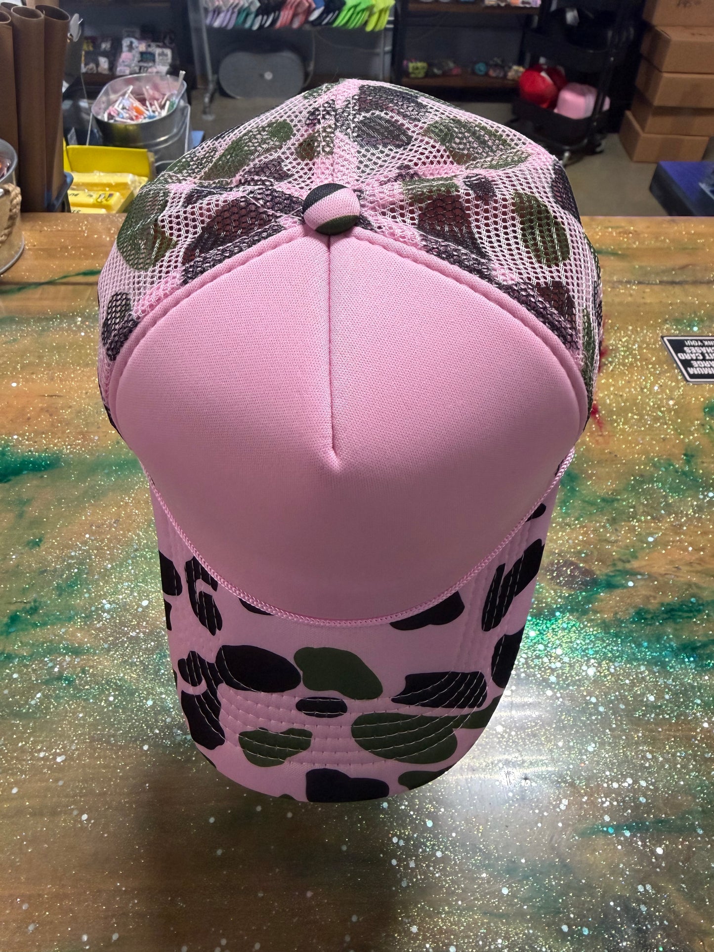 Green Brown Camo Bill and Back with Light Pink Front - Trucker Hat