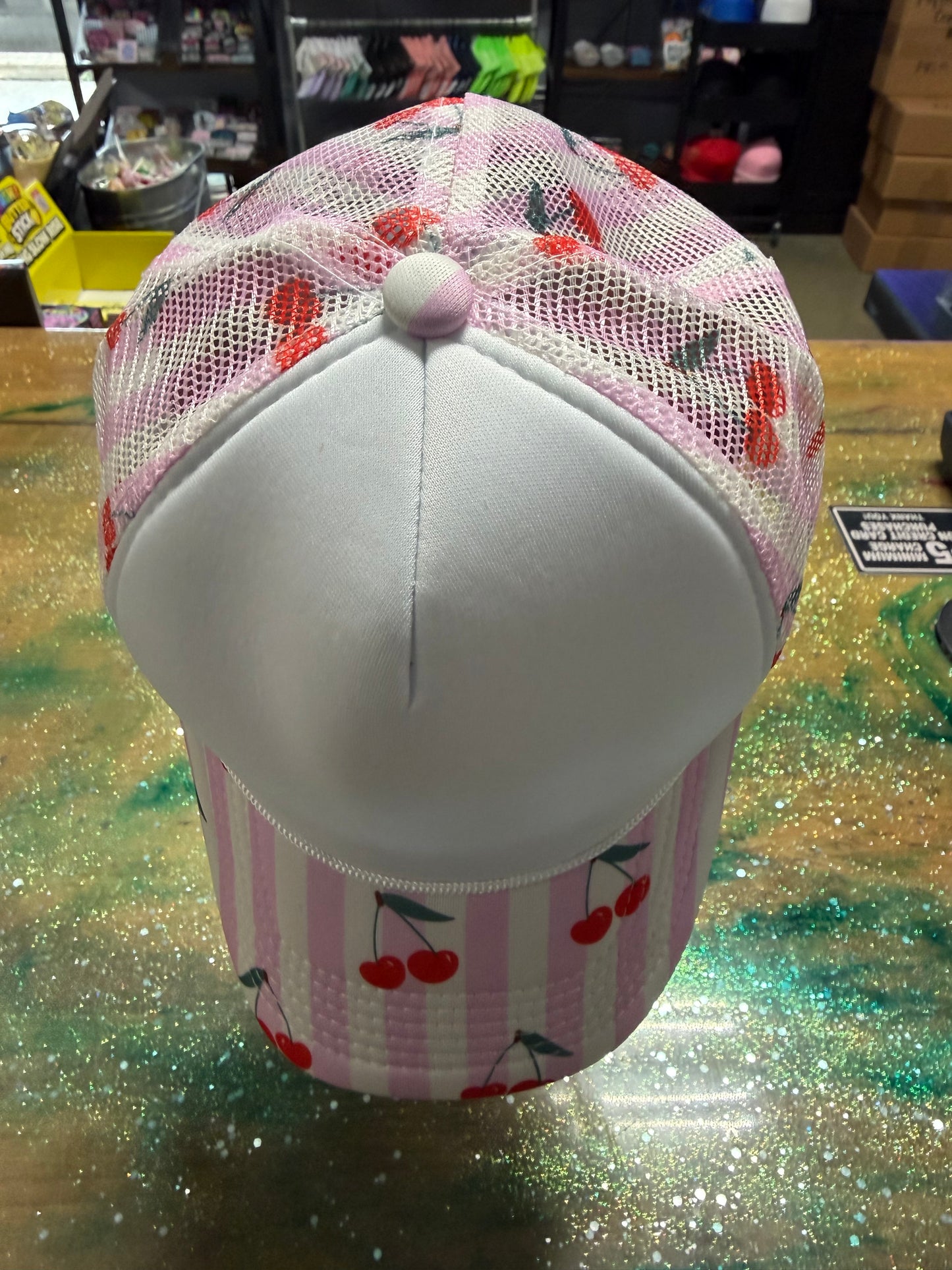 Light Pink Stripe/Cherries Bill and Back with White Front- Trucker