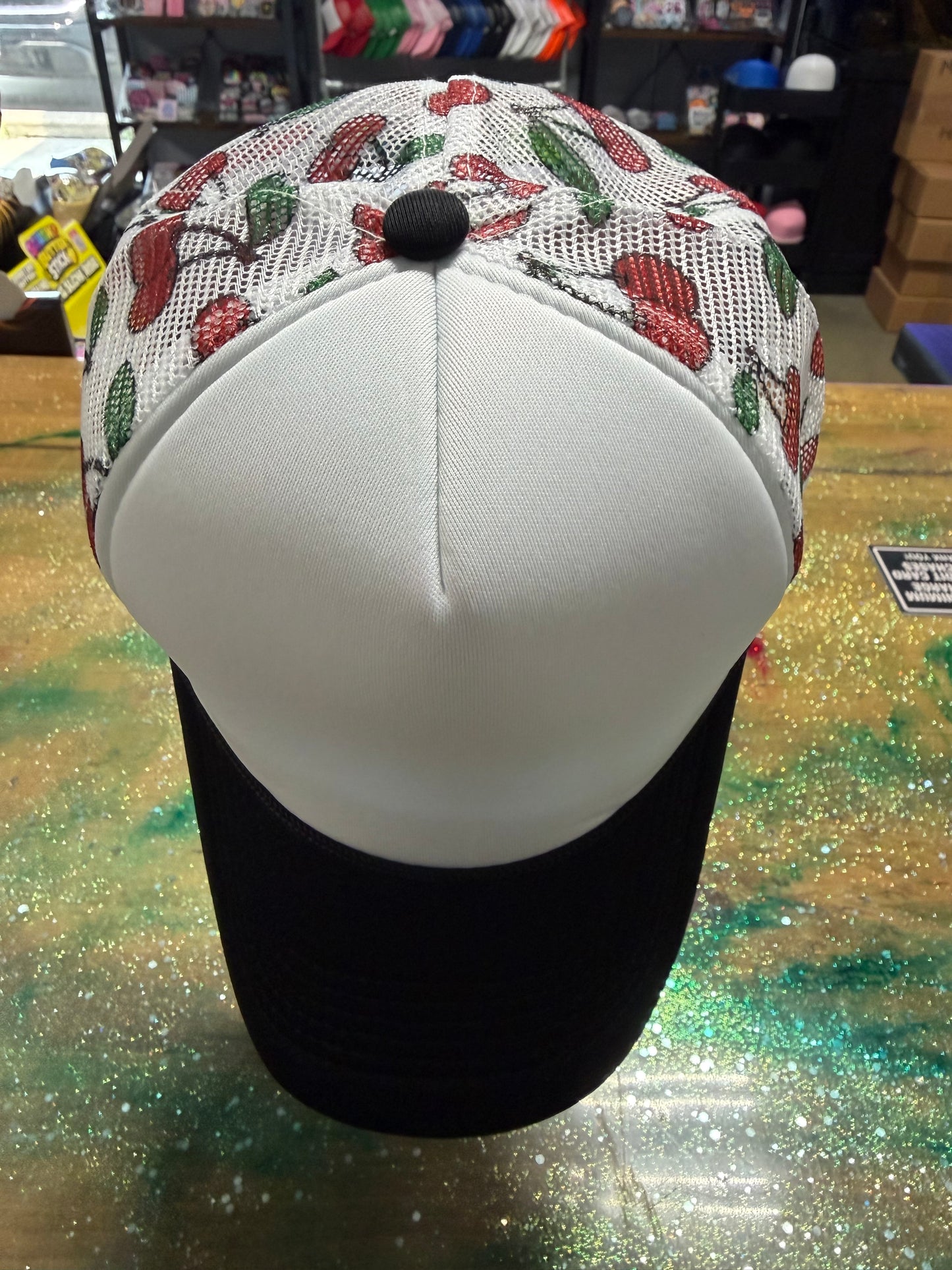 Black Bill and White Front with Cherries on Back- Trucker