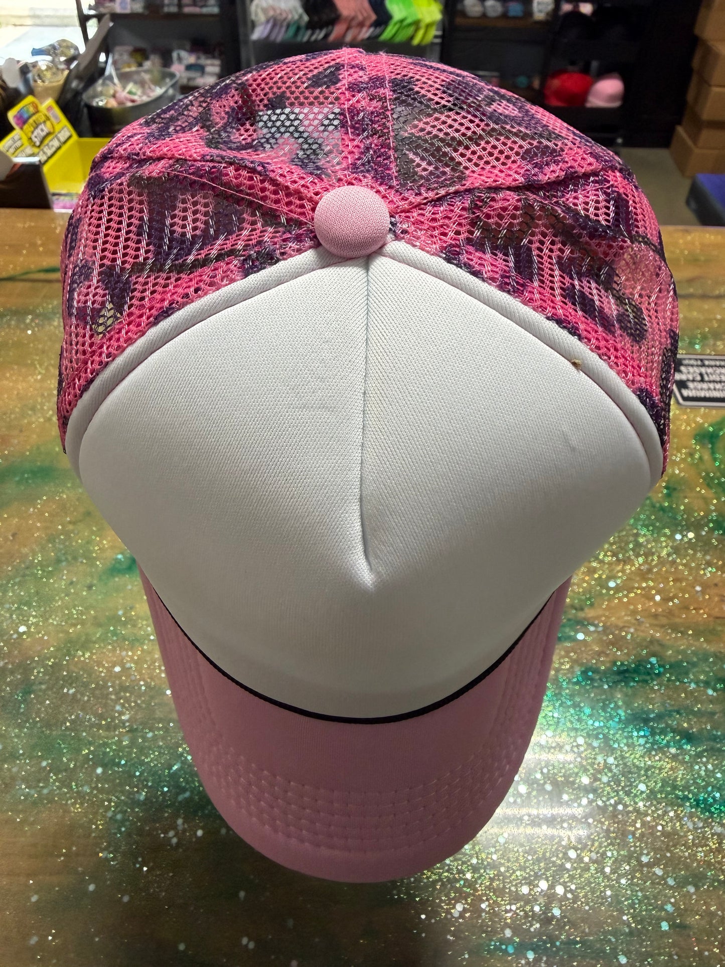 Light Pink Bill and White Front with Leopard on Hot Pink Back- Trucker