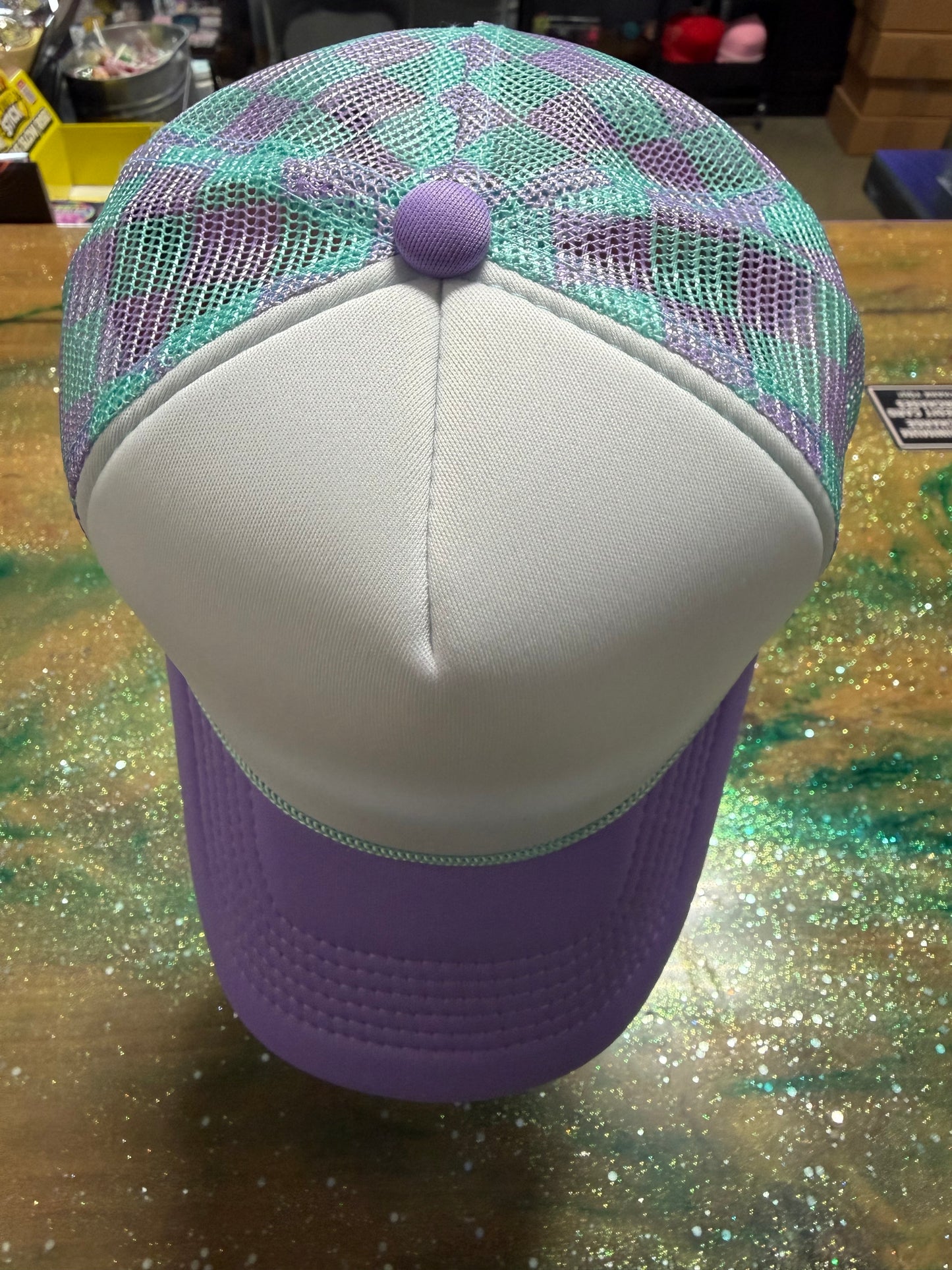 Lavender Bill White Front with Lavender/Teal Checkered Back- Trucker