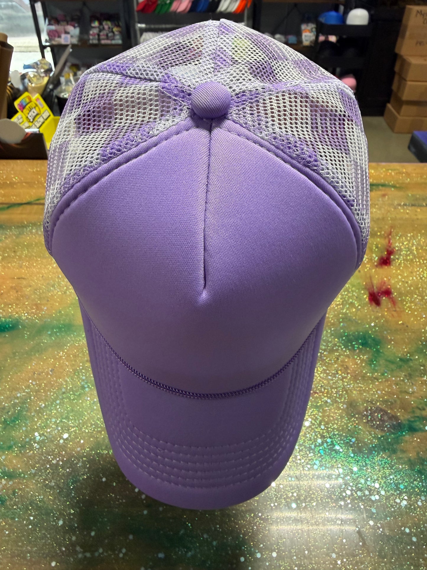 Lavender Bill and Front with White/Lavender Checkered Back- Trucker Hat