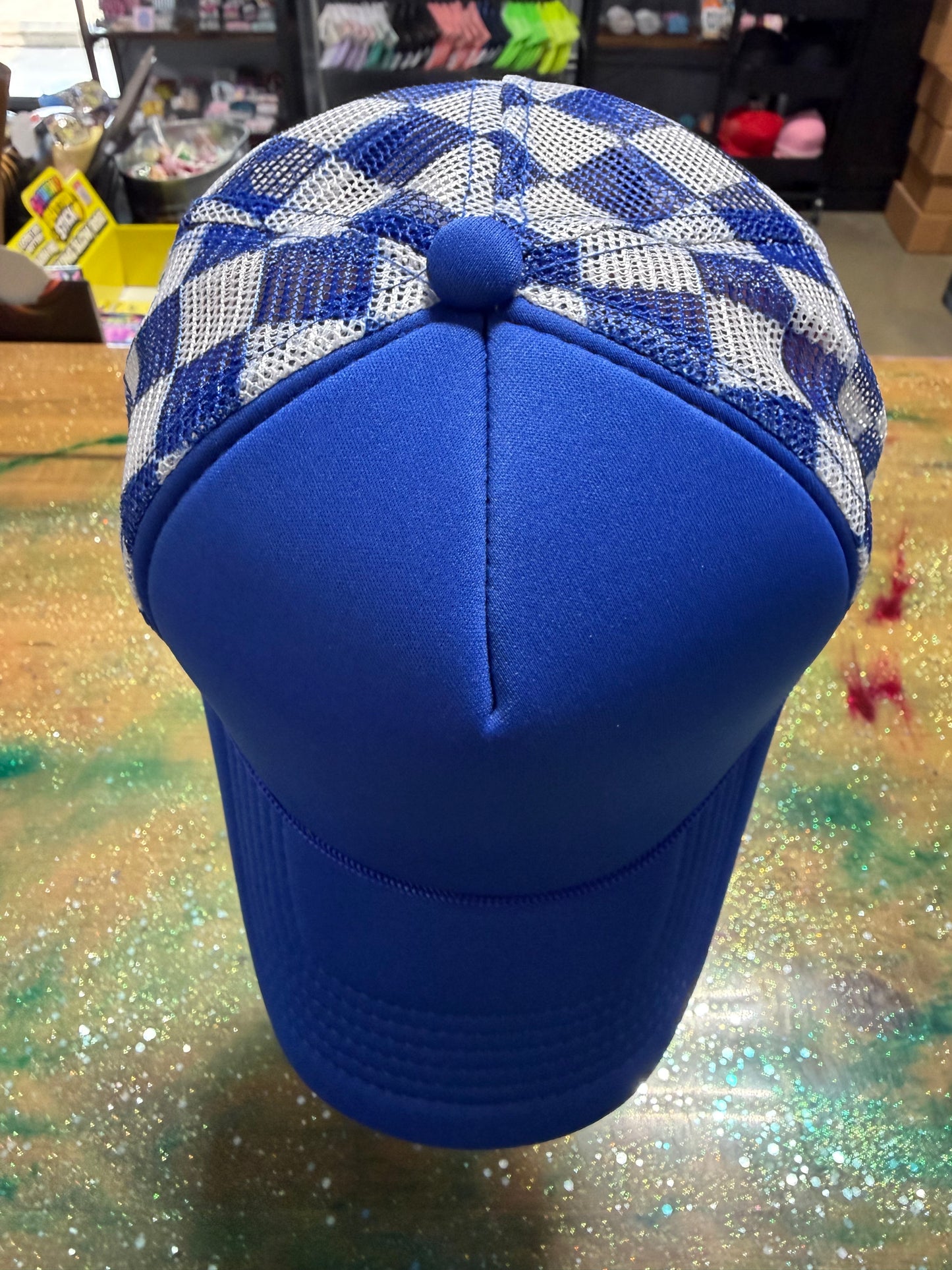 Royal Blue Bill and Front with White/Royal Blue Checkered Back- Trucker