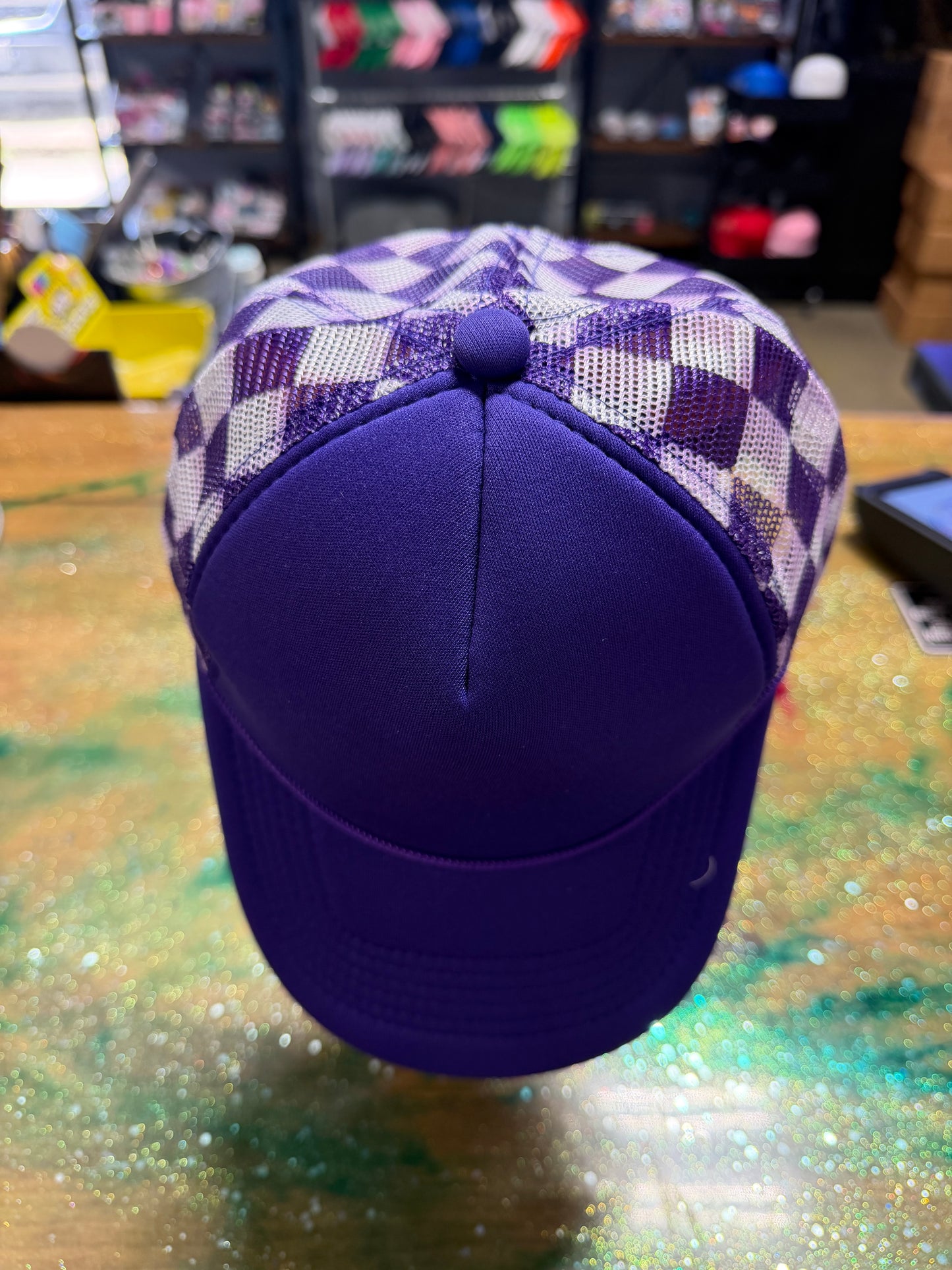 Purple Bill and Front with White/Purple Checkered Back- Trucker
