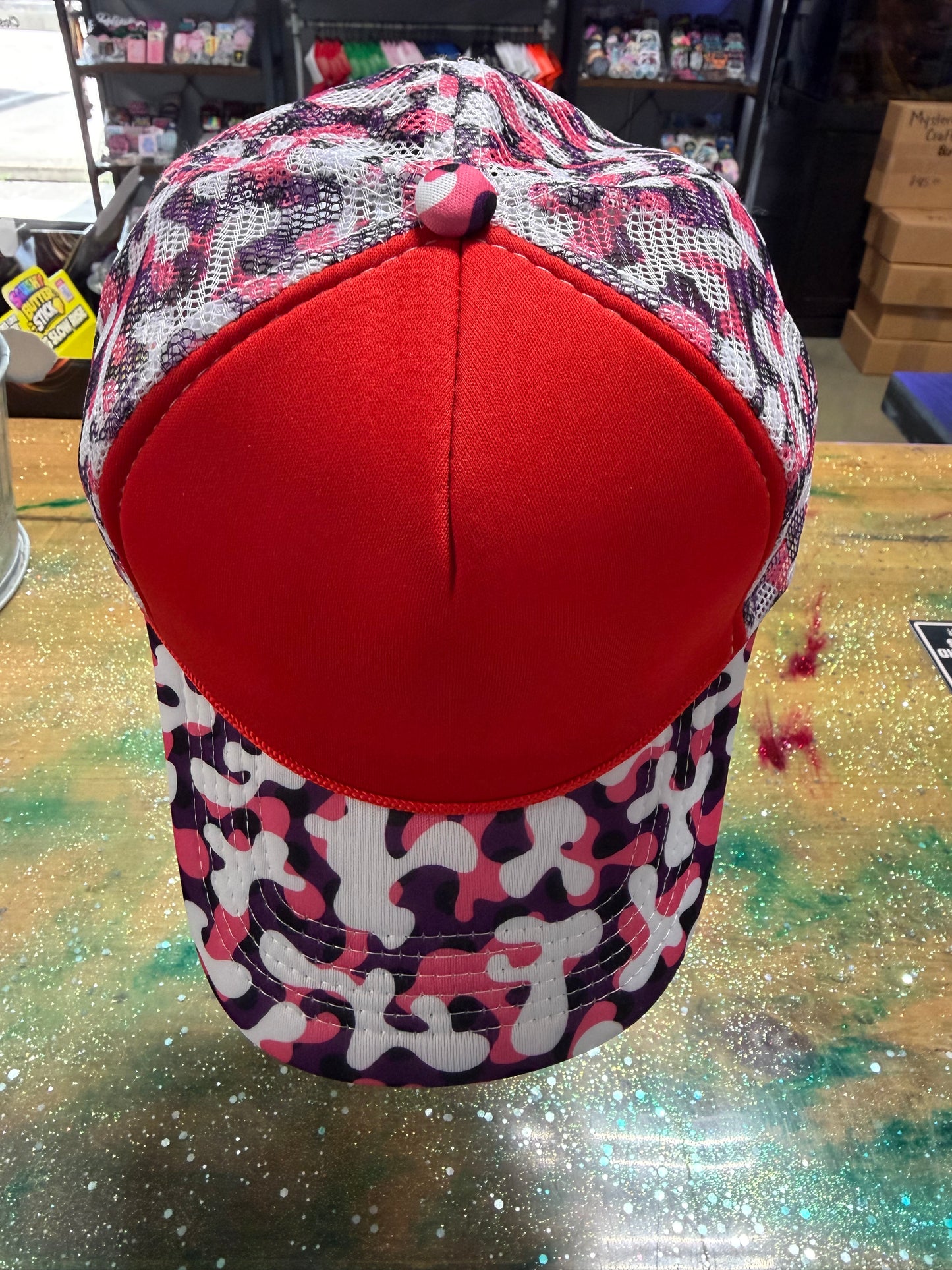 Pink and Purple Camo Bill and Back with Solid Red Front- Trucker