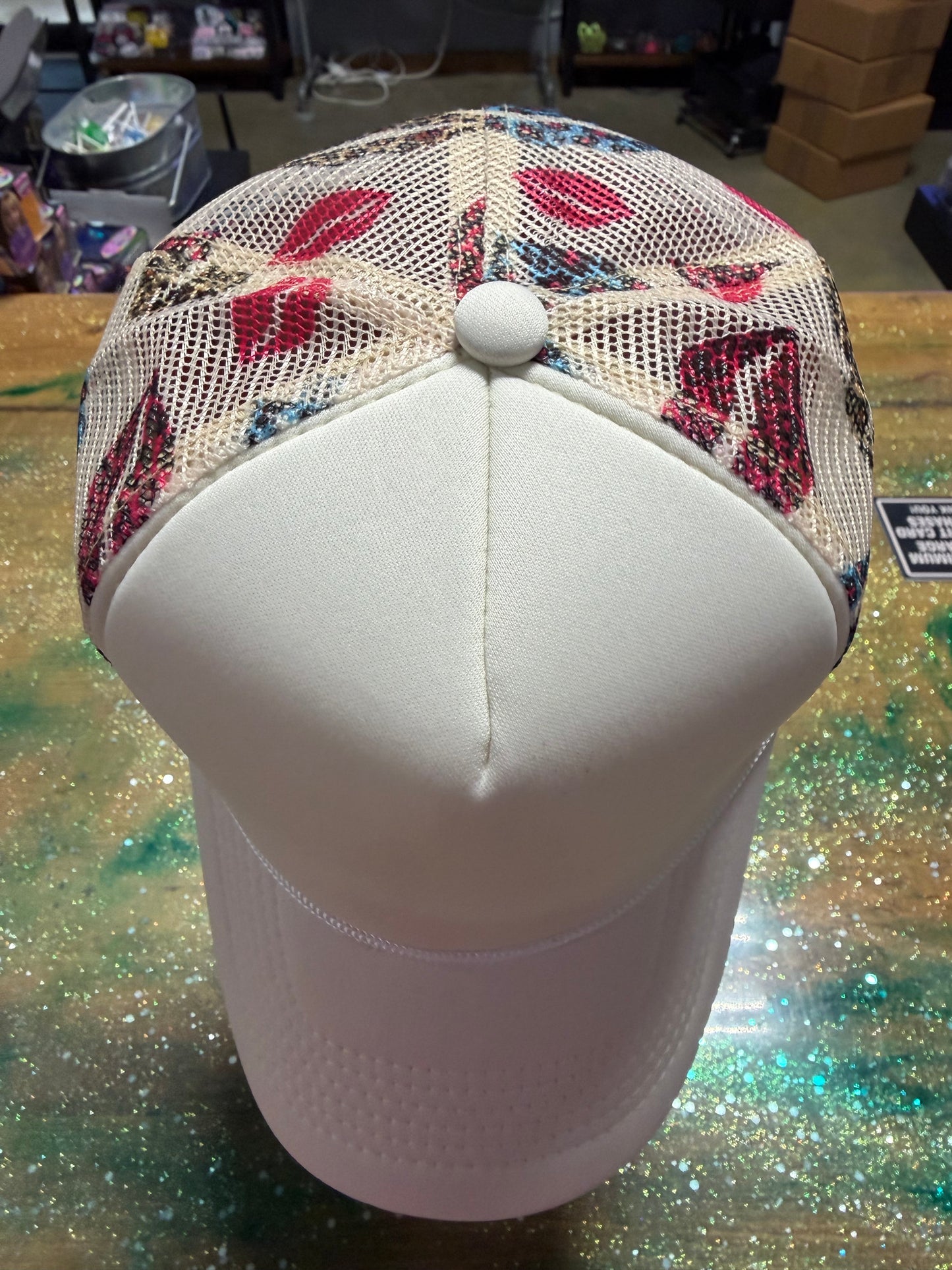 Off White Front and Bill with Lips on Back - Trucker Hat