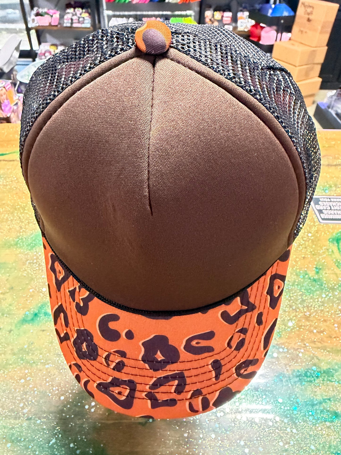 Leopard on Orange Bill with Brown Front and Back - Trucker Hat