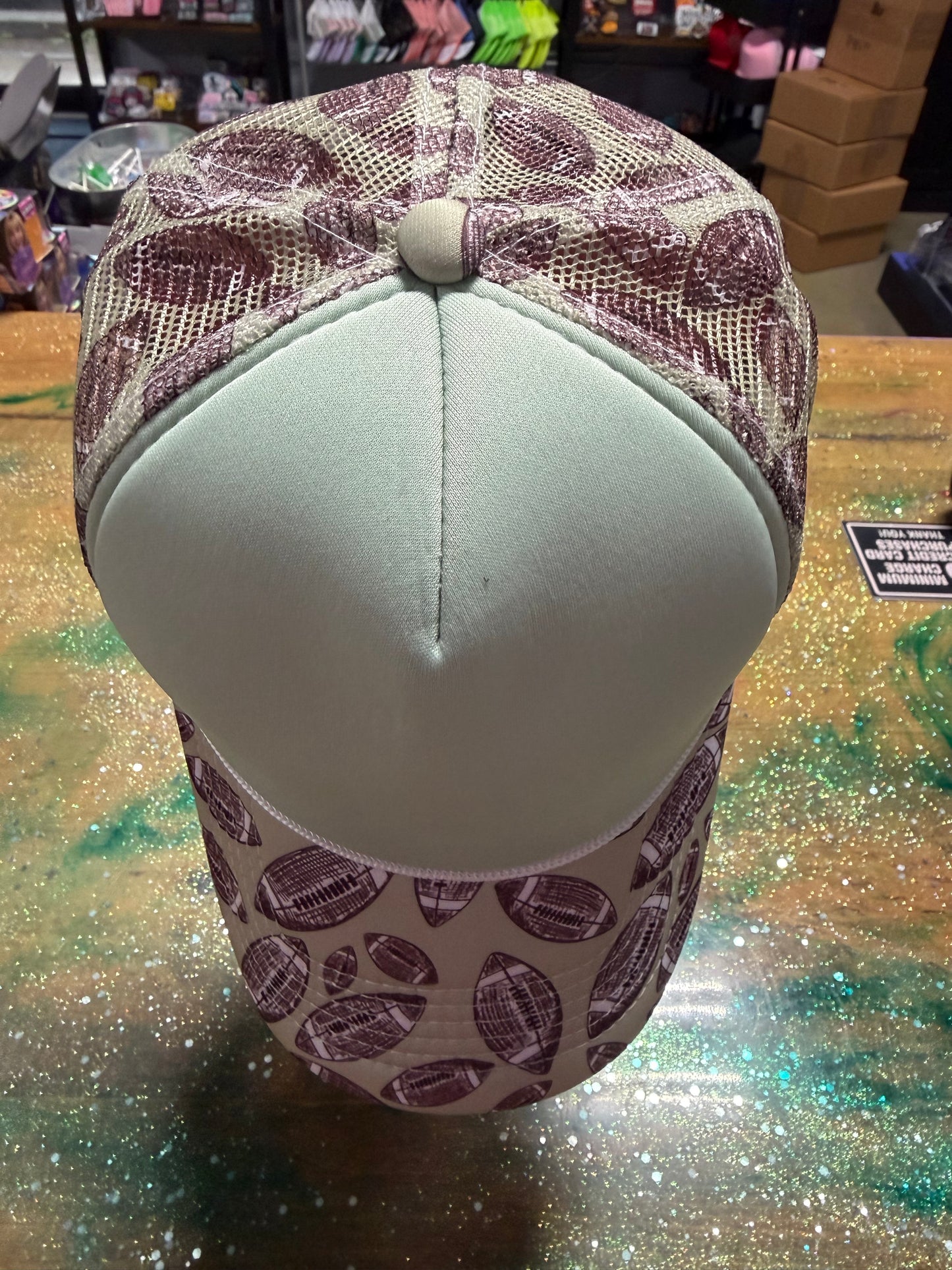 Footballs on Bill and Back with Sage Green Front - Trucker Hat