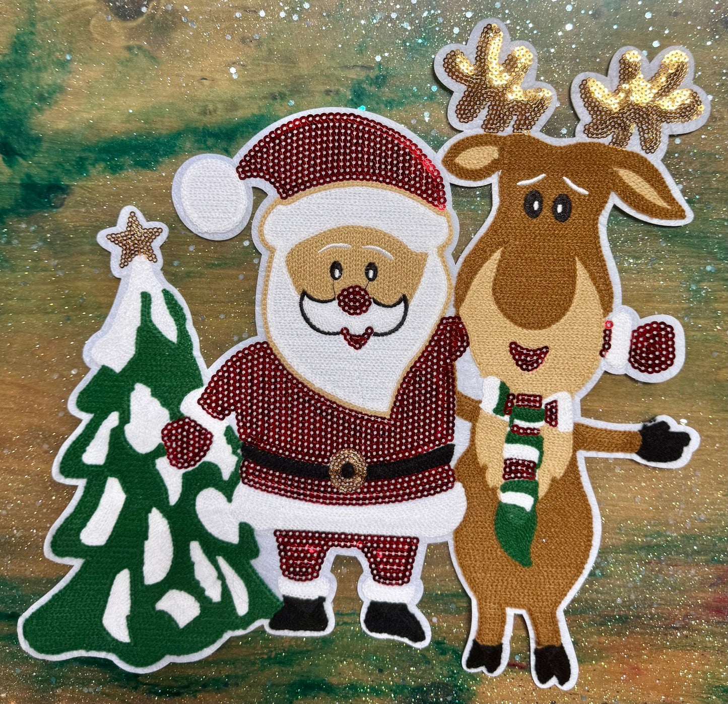 Santa Reindeer and Tree - Iron On Patch