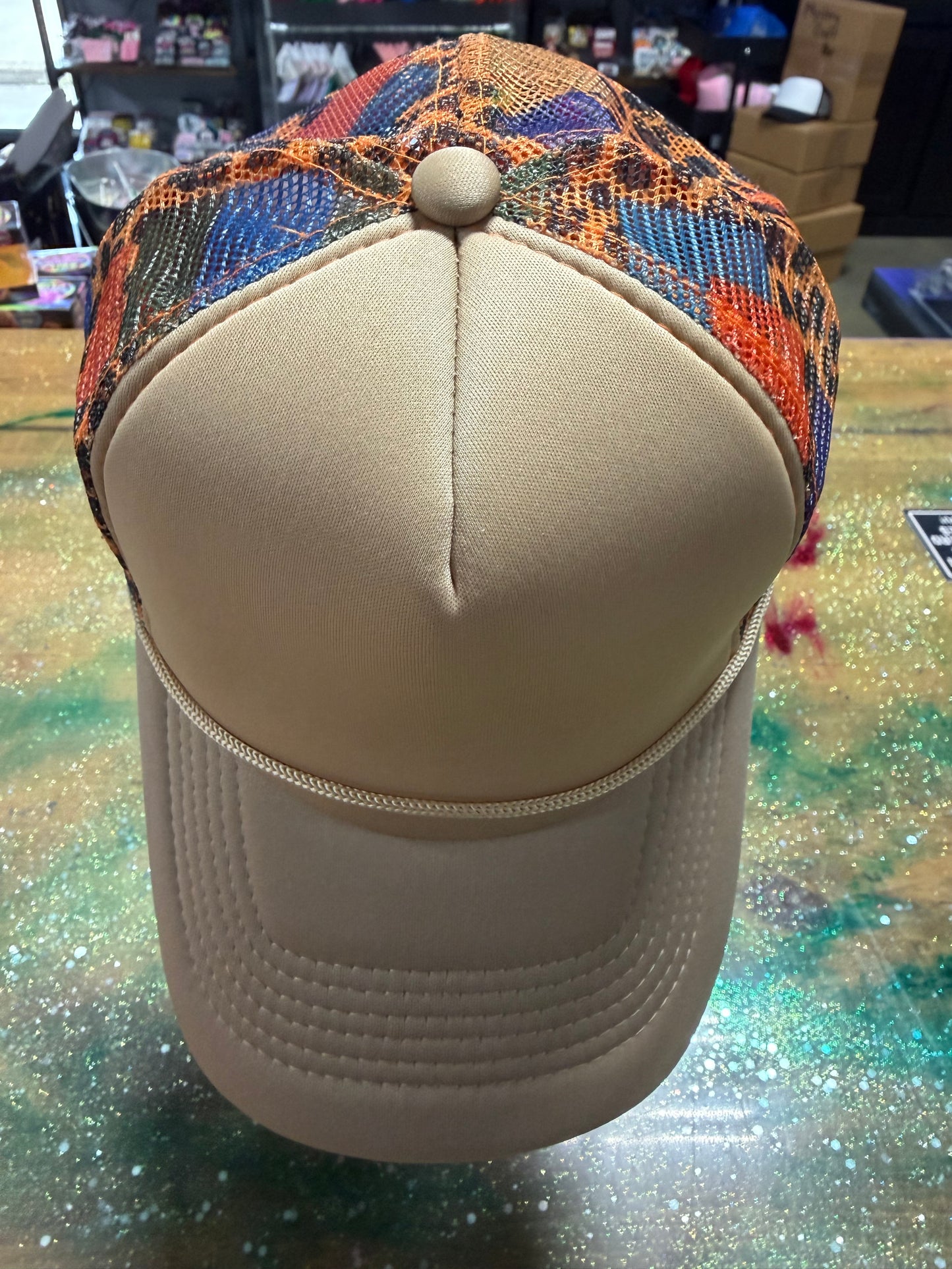 Tan with Orange Patchwork Leopard Back - Trucker Hat
