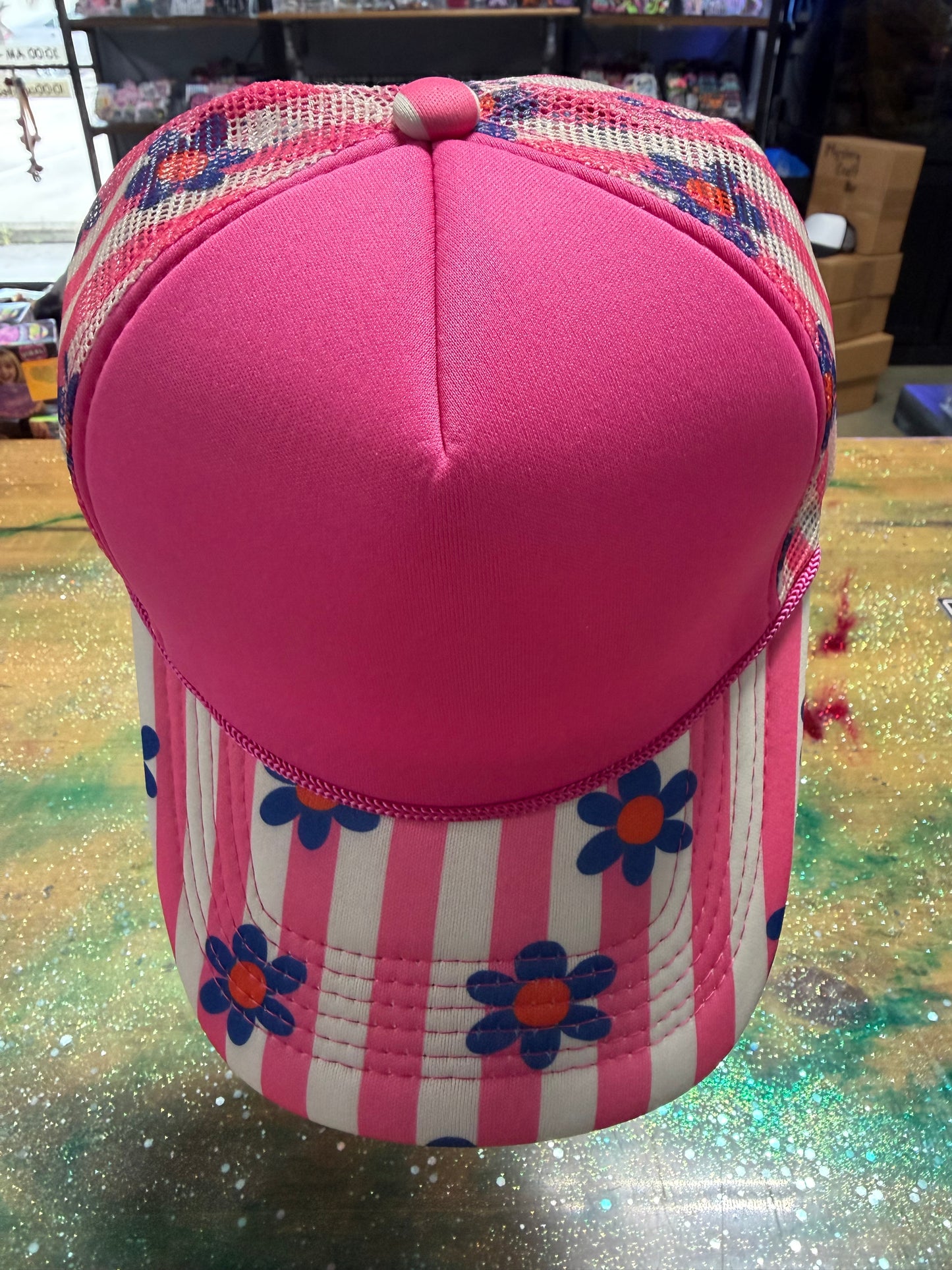 Pink Stripes with Daisies on Bill and Back - Trucker Hat