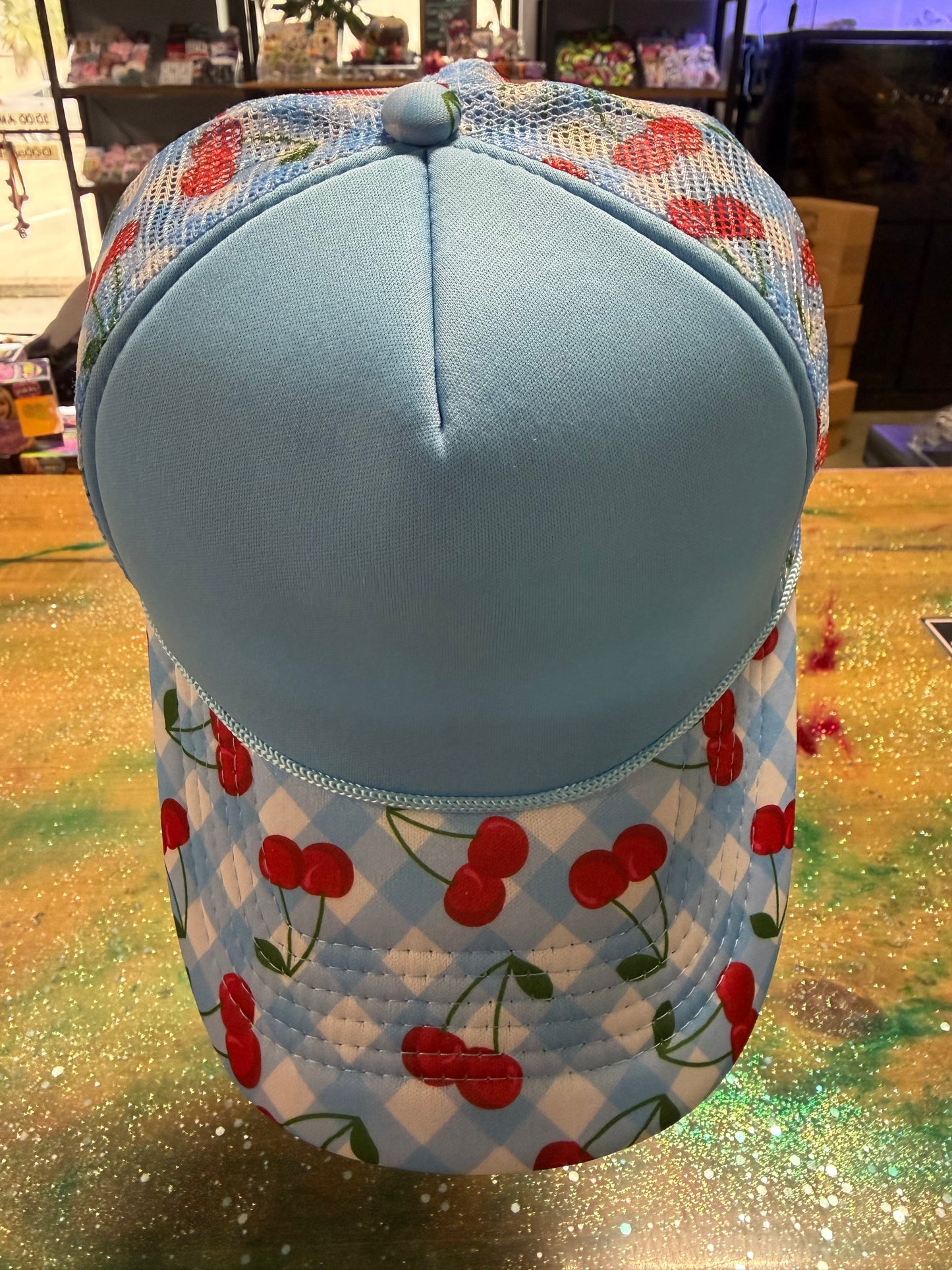 Light Blue Gingham with Cherries on Bill and Back - Trucker Hat