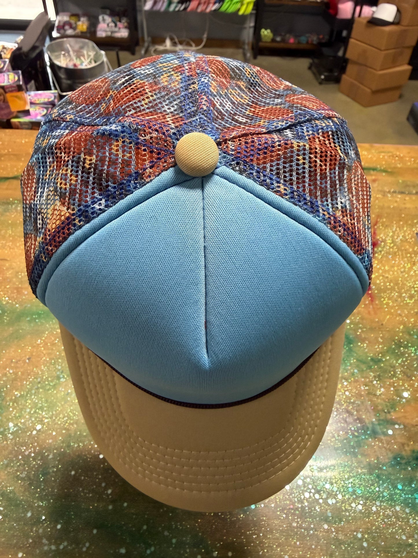 Tan Bill, Blue Front and Football Back - Trucker Hat