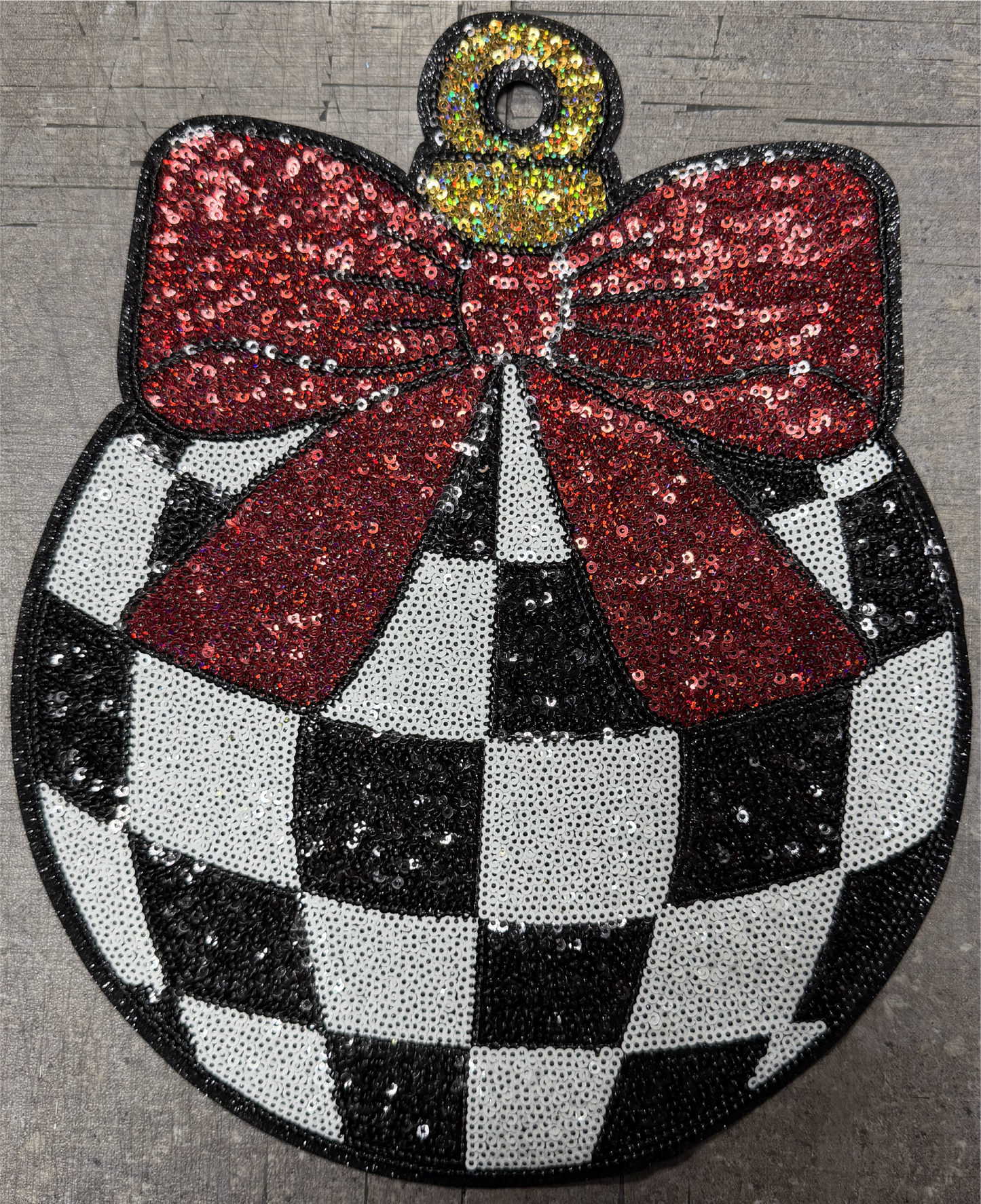 Black and White Checkered Ornament with Red Bow - Chenille/Sequins Iron On Patch